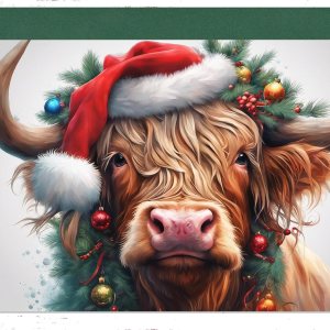 Tarjeta de felicitación de Navidad de vaca de las montañas, tarjeta de felicitación de temporada cálida, Santa vaca de las tierras altas de Tarjeta de felicitación de Navidad de vaca de las montañas, tarjeta de felicitación de temporada cálida, Santa vaca de las tierras altas de
