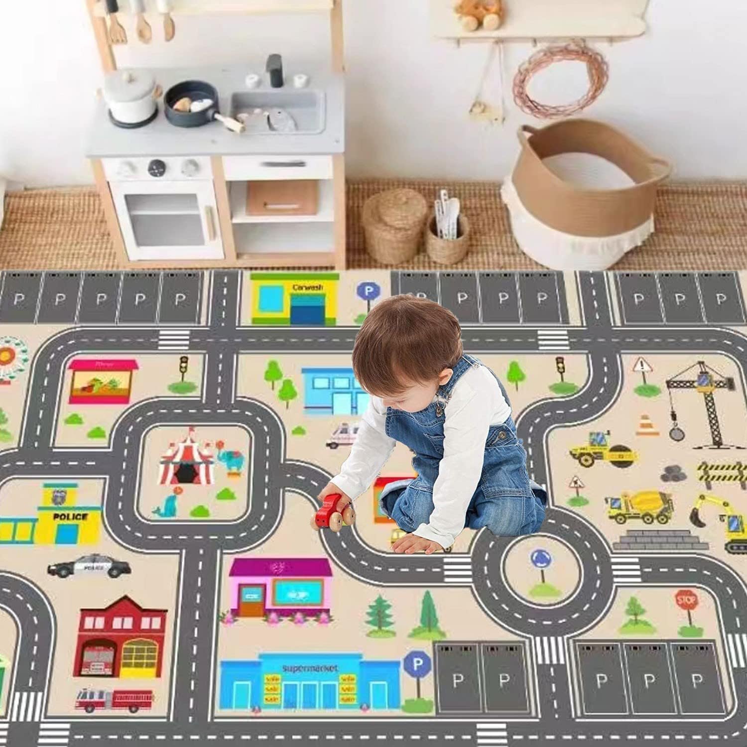 Alfombra de juego para niños para autos de juguete, alfombra educativa de tráfico por carretera, alfombra de diviértete , alfombra antideslizante