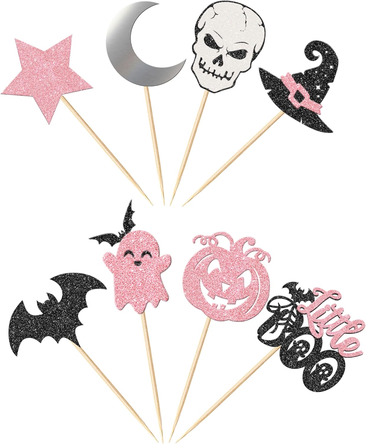 Rsstarxi Paquete de 32 adornos para cupcakes de Halloween, color rosa y negro, murciélago, fantasma, pequeño abucheo, cupcakes, palillos de comida