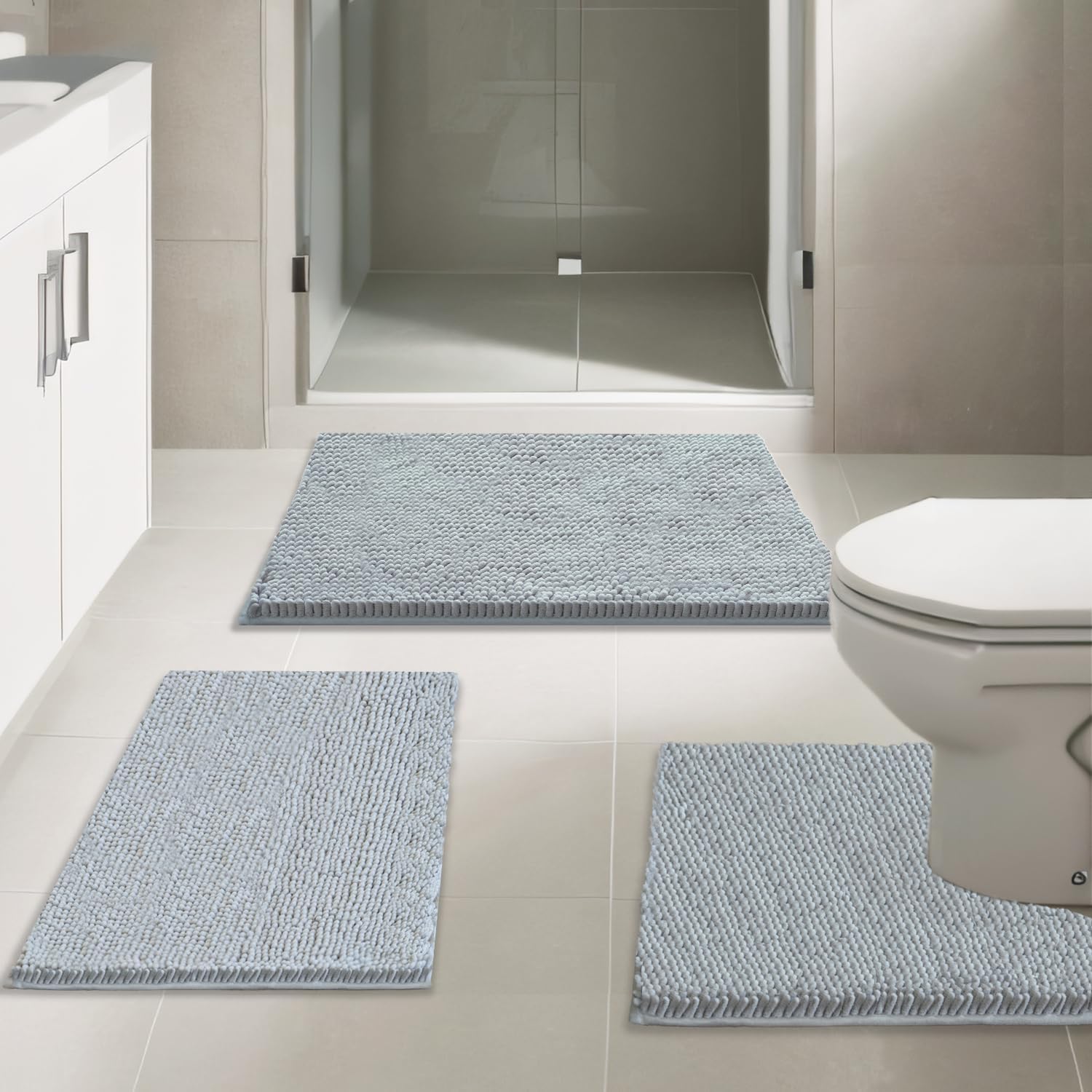 Juego de 3 tapetes de baño de felpilla, superabsorbentes, parte trasera antideslizante de PVC fuerte, tapetes de baño para baño, felpa peluda,