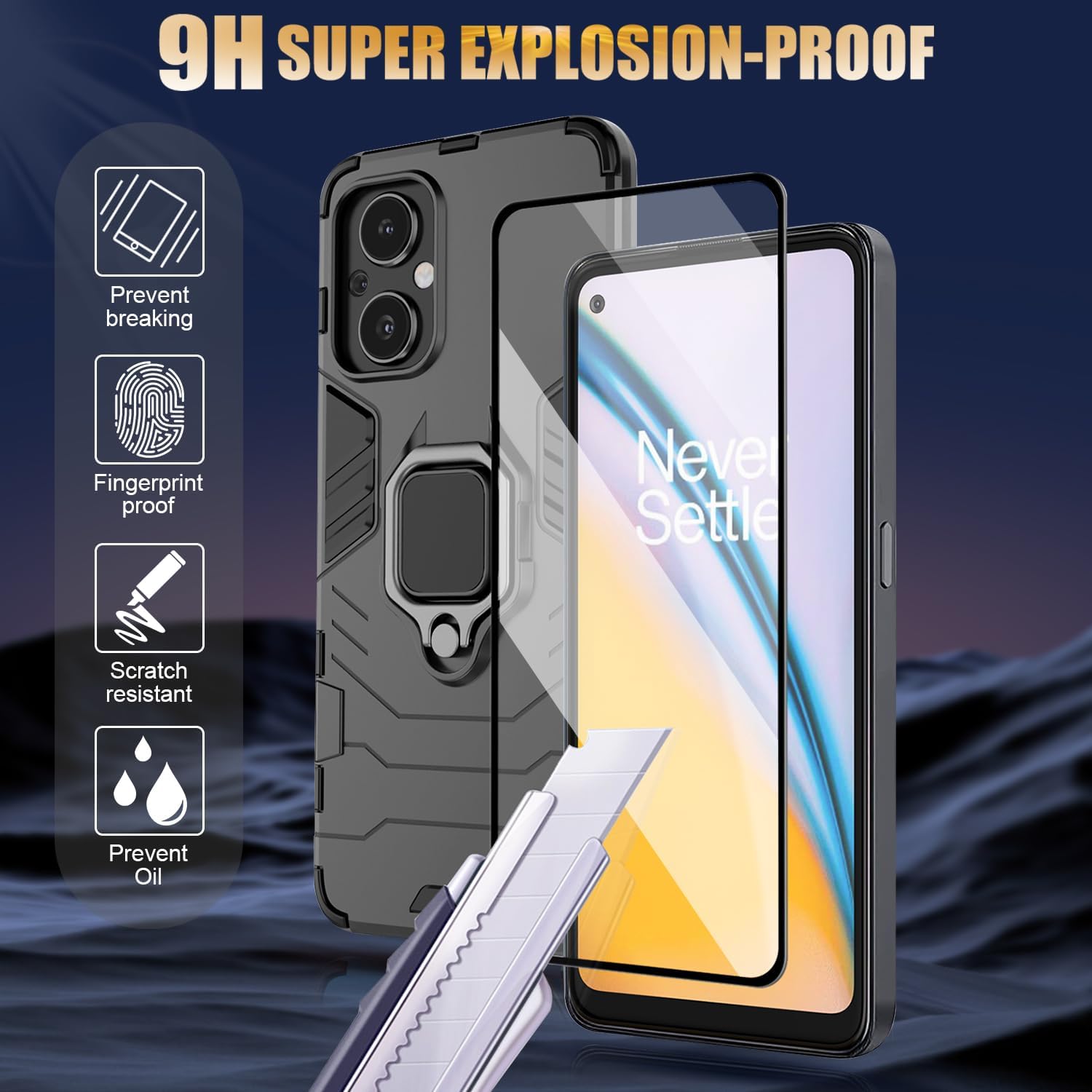 Funda para Oneplus Nord N30 5G con 2 protectores de pantalla de vidrio templado para 1+ Nord N30 5G, funda protectora completa con anillo de metal