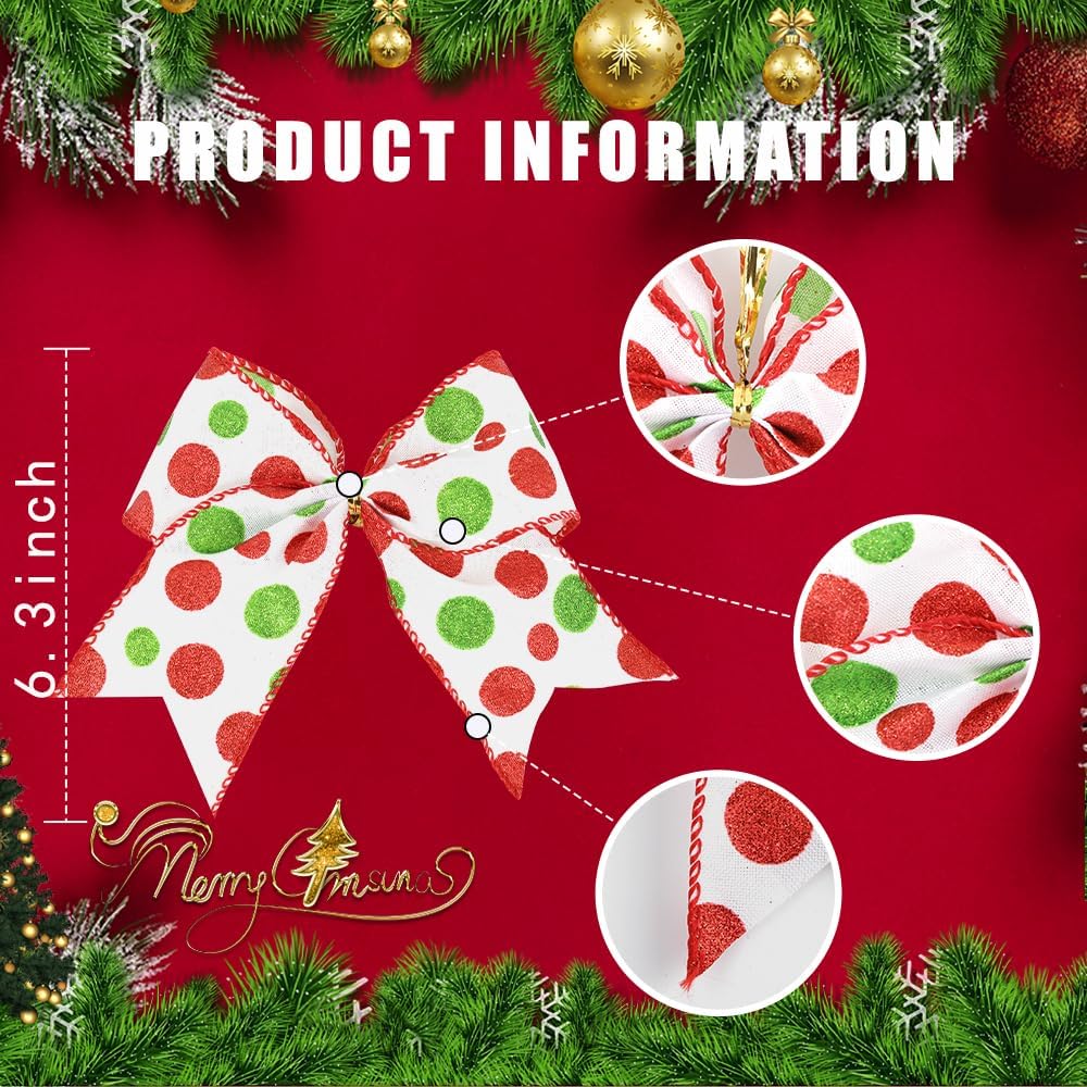 12 lazos de Navidad para decoración de 6.3 pulgadas, lazos grandes de corona de Navidad, lazos de árbol de Navidad rojo y verde, lazos de punto con