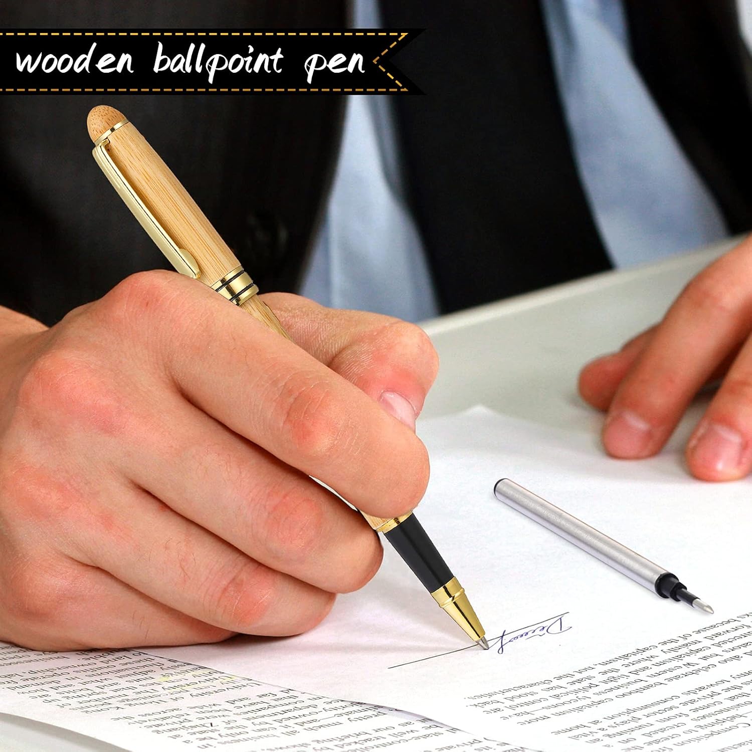 Zonon 2 bolígrafos de madera de bambú hechos a mano con 4 recambios de bolígrafo negro y 1 caja de regalo para Navidad, Día del Padre, San Valentín,