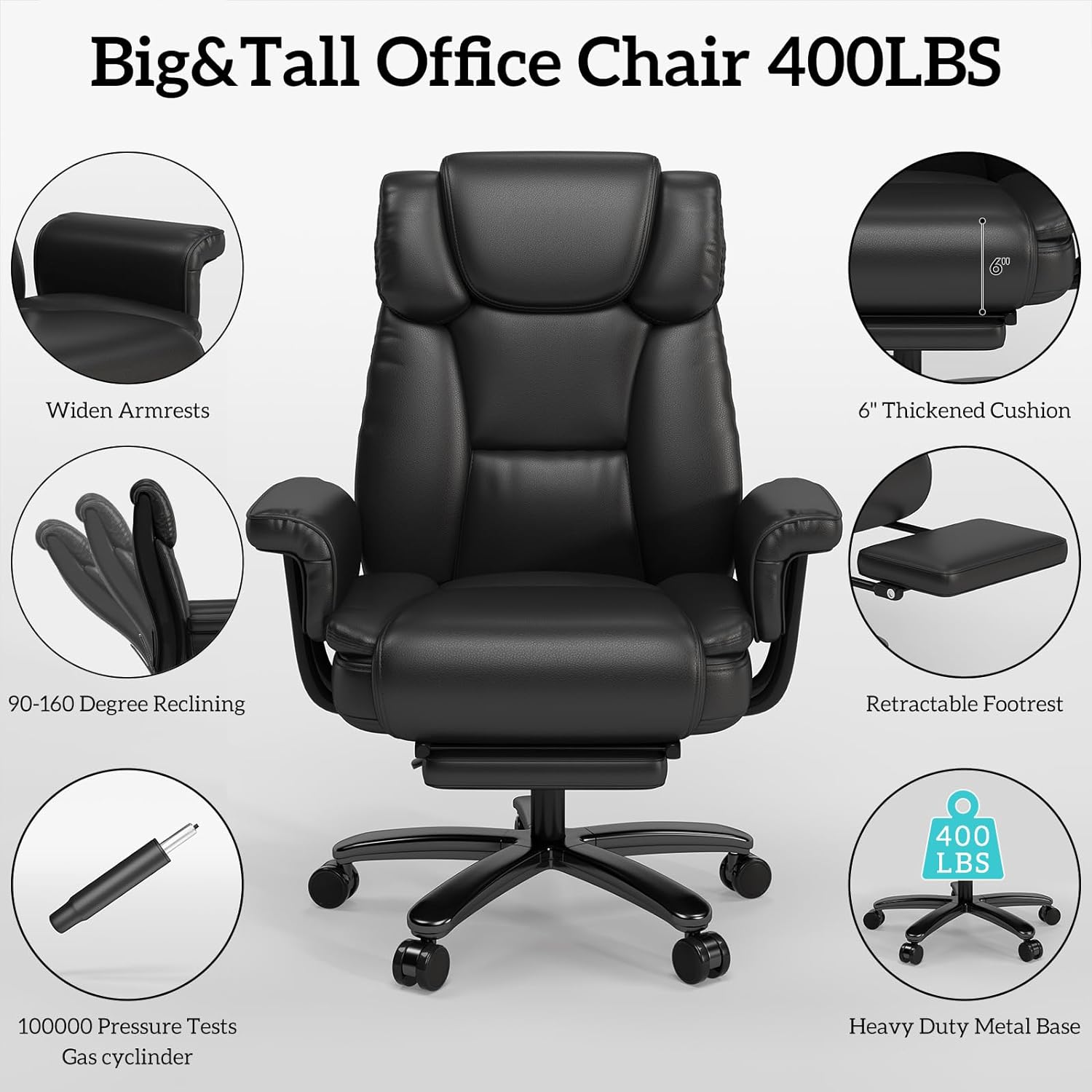 GYI Silla de oficina grande y alta de 400 libras con asiento y brazos anchos, silla de oficina reclinable de 160 con reposapiés, cómoda silla de