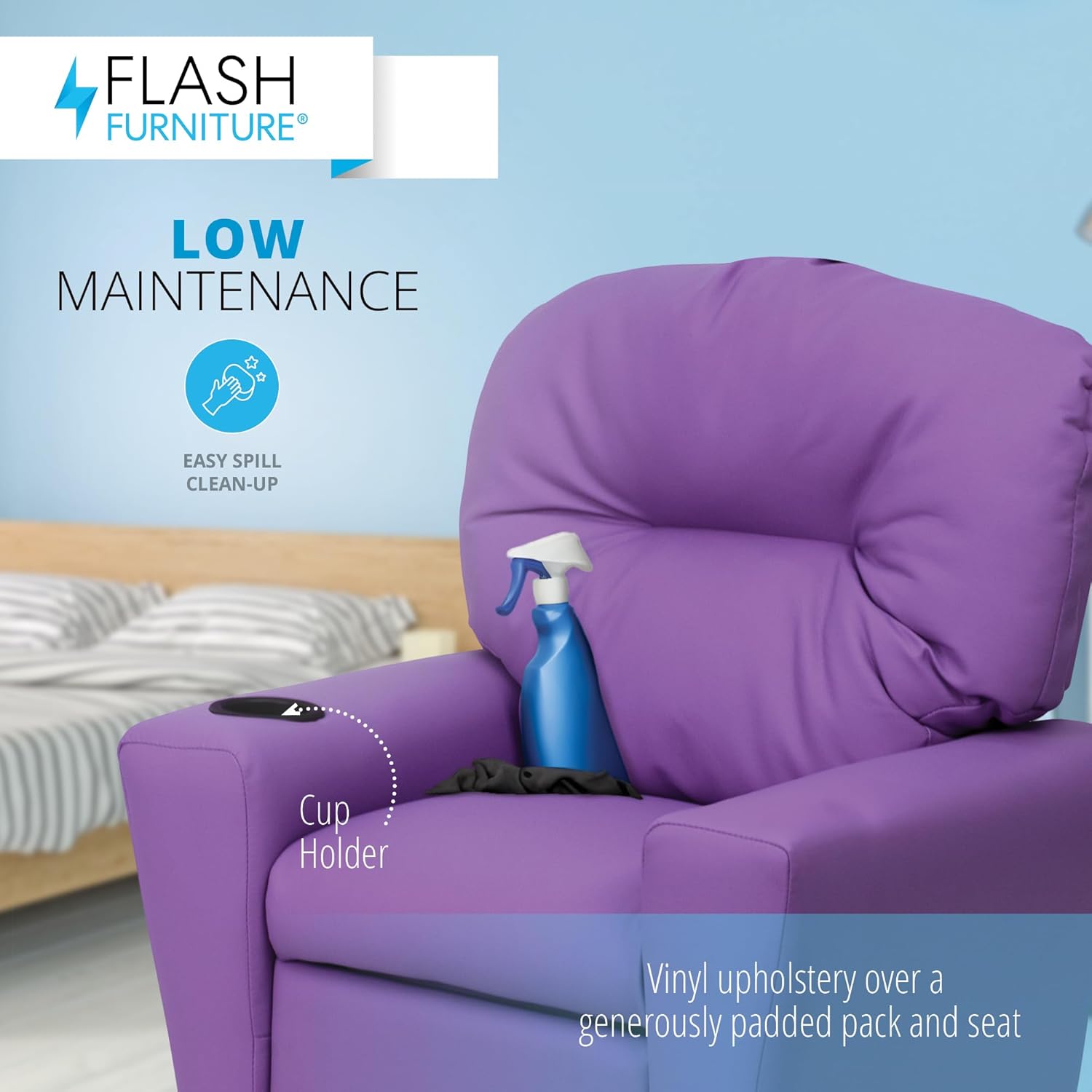 Flash Furniture – Contemporáneo sillón reclinable de vinilo color beige para niños, base para vasos