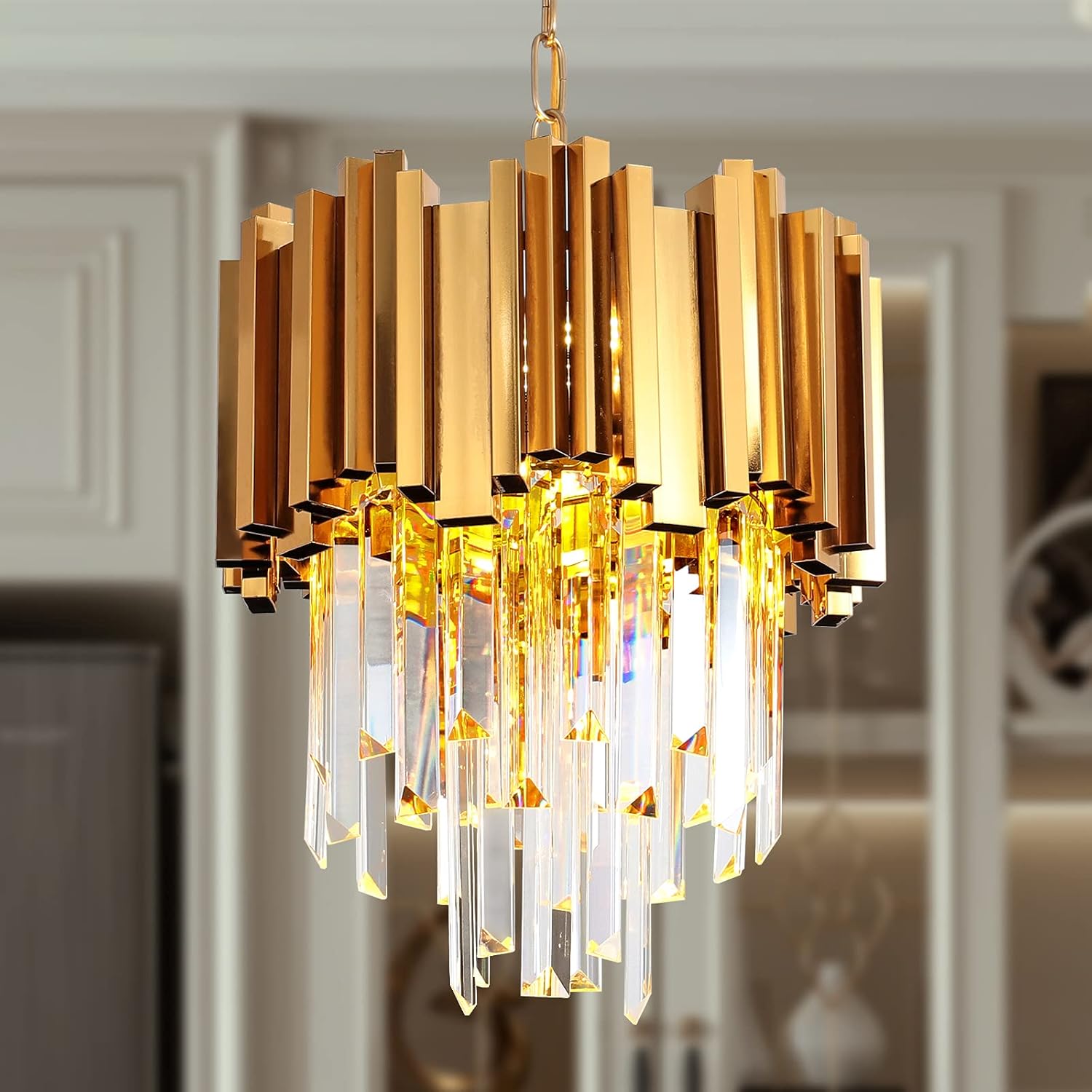 Candelabro de cristal moderno de 3 luces, luz colgante de cristal de lujo en oro, lámpara colgante redonda de cristal contemporáneo para sala de