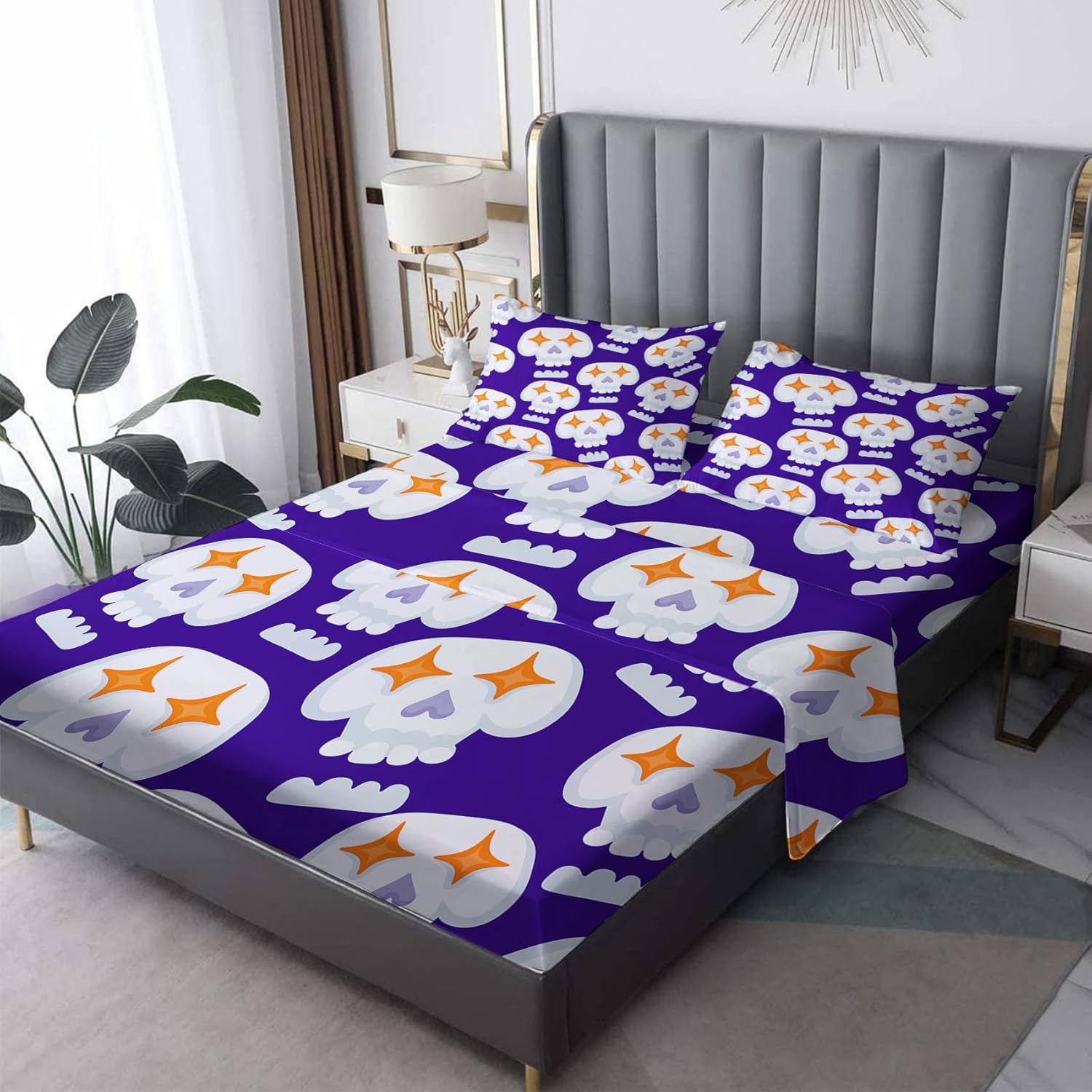 Juego de sábanas de calavera tamaño Queen, sábanas góticas, sábanas y fundas de almohada estampadas de 4 piezas, sábana bajera ajustable de