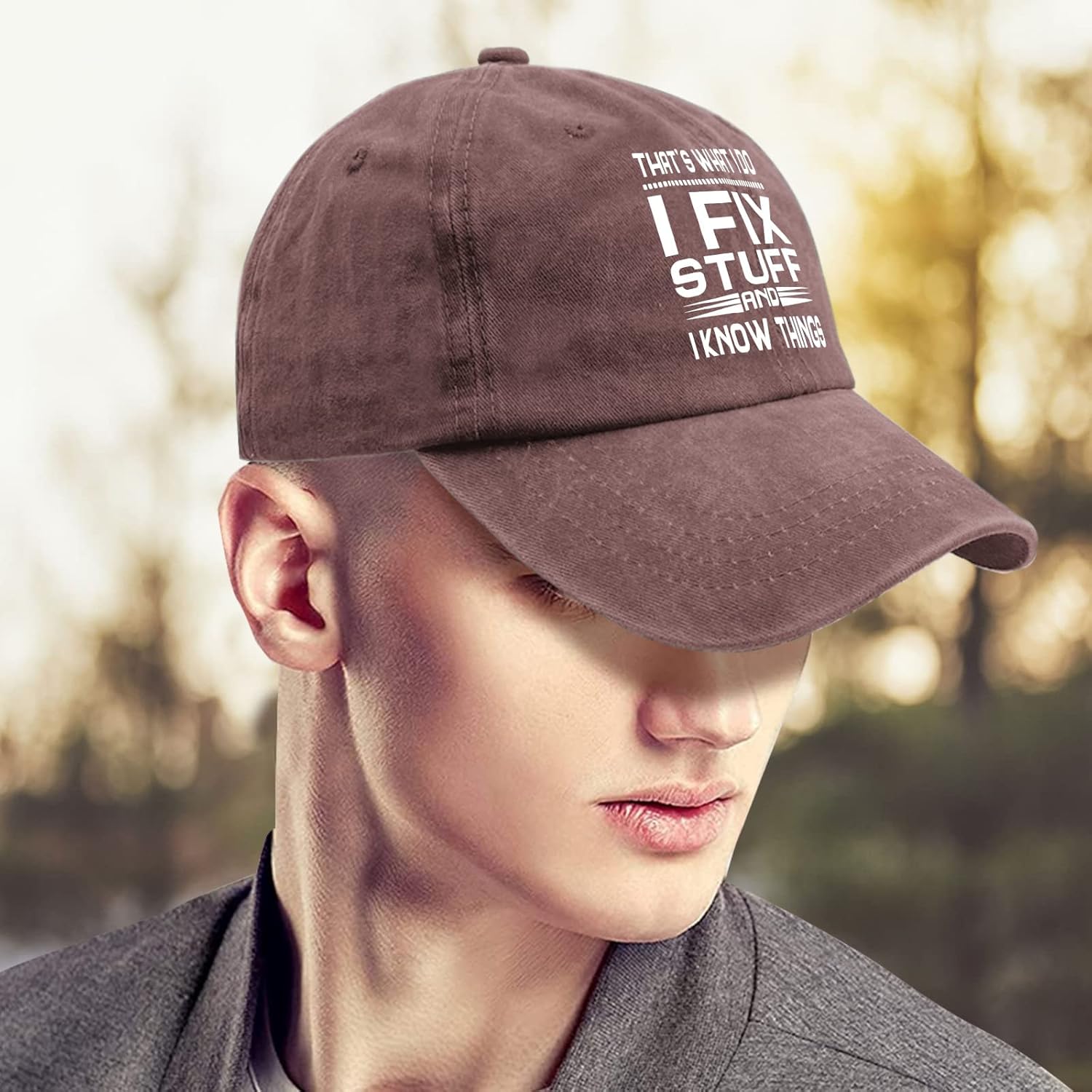 That’s Whats I Do I Fix Stuff and I Know Things – Sombreros desgastados para hombre, de mezclilla lavada, ajustables, con correa trasera