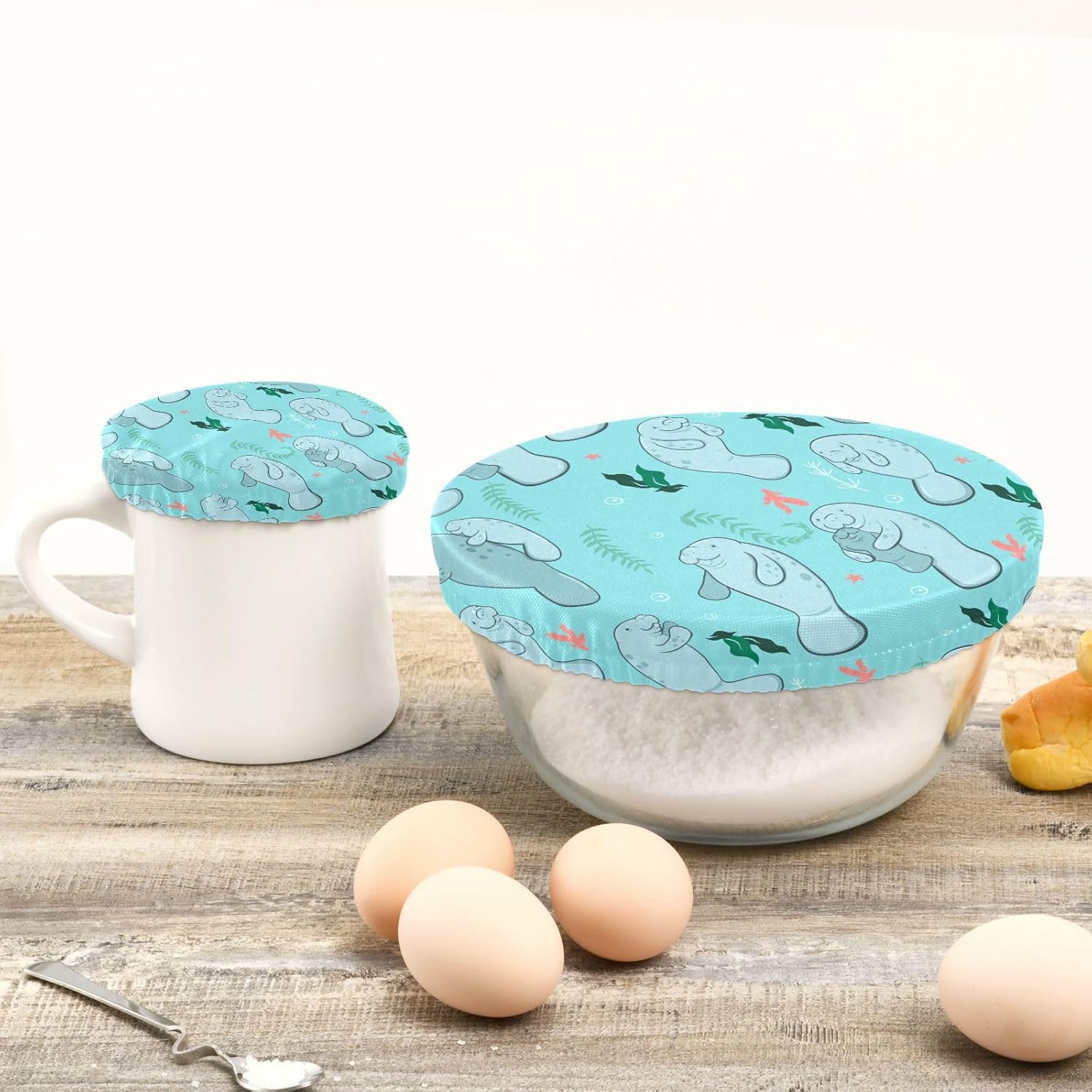Blue Manatees – 5 fundas elásticas reutilizables para cuencos para almacenamiento de alimentos, tapas de tela elástica con 5 tamaños diferentes,