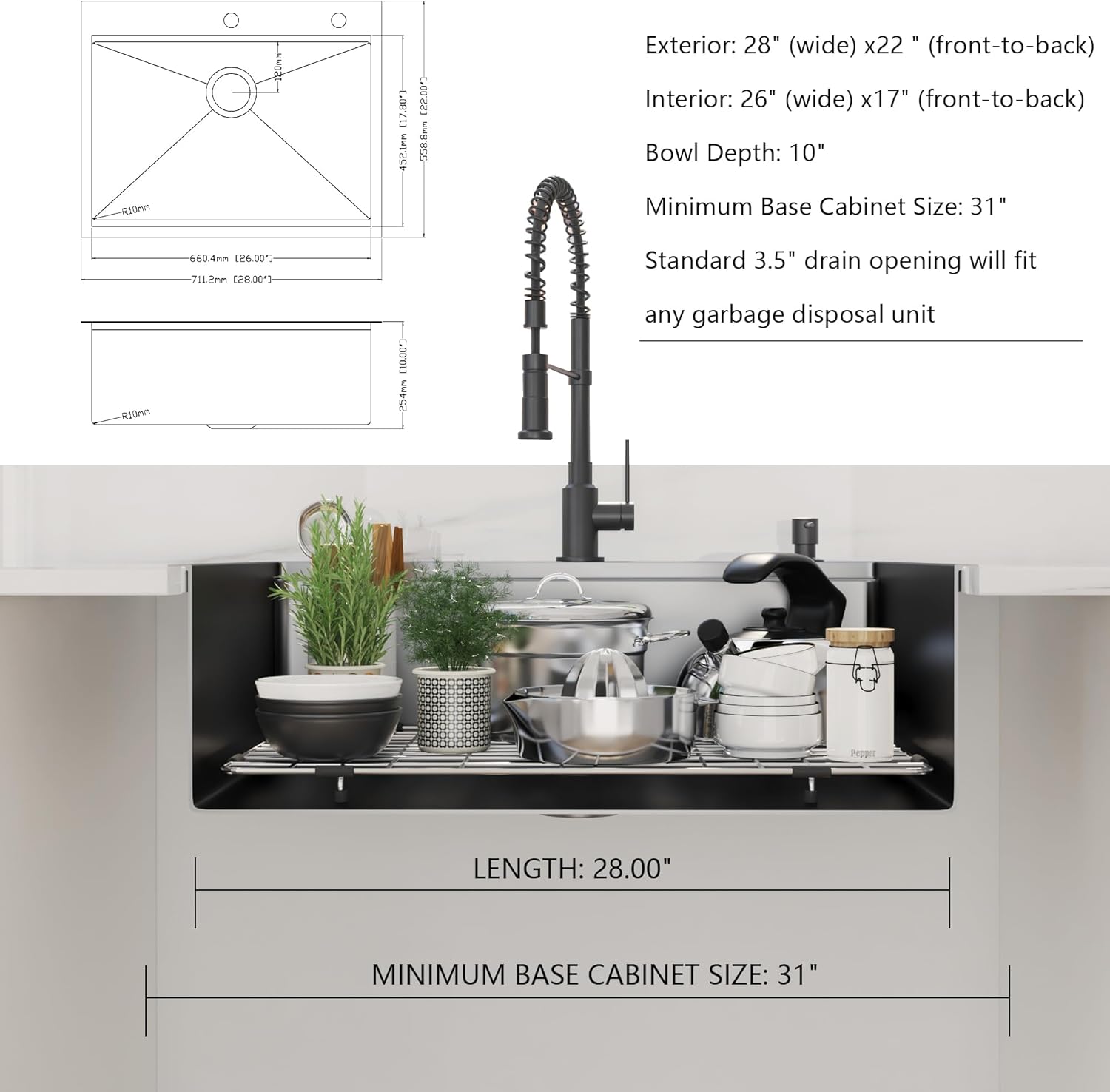 Fregadero de cocina de 28 x 22 pulgadas, fregadero con estación de trabajo, fregadero de cocina de acero inoxidable de calibre 16 con repisa y