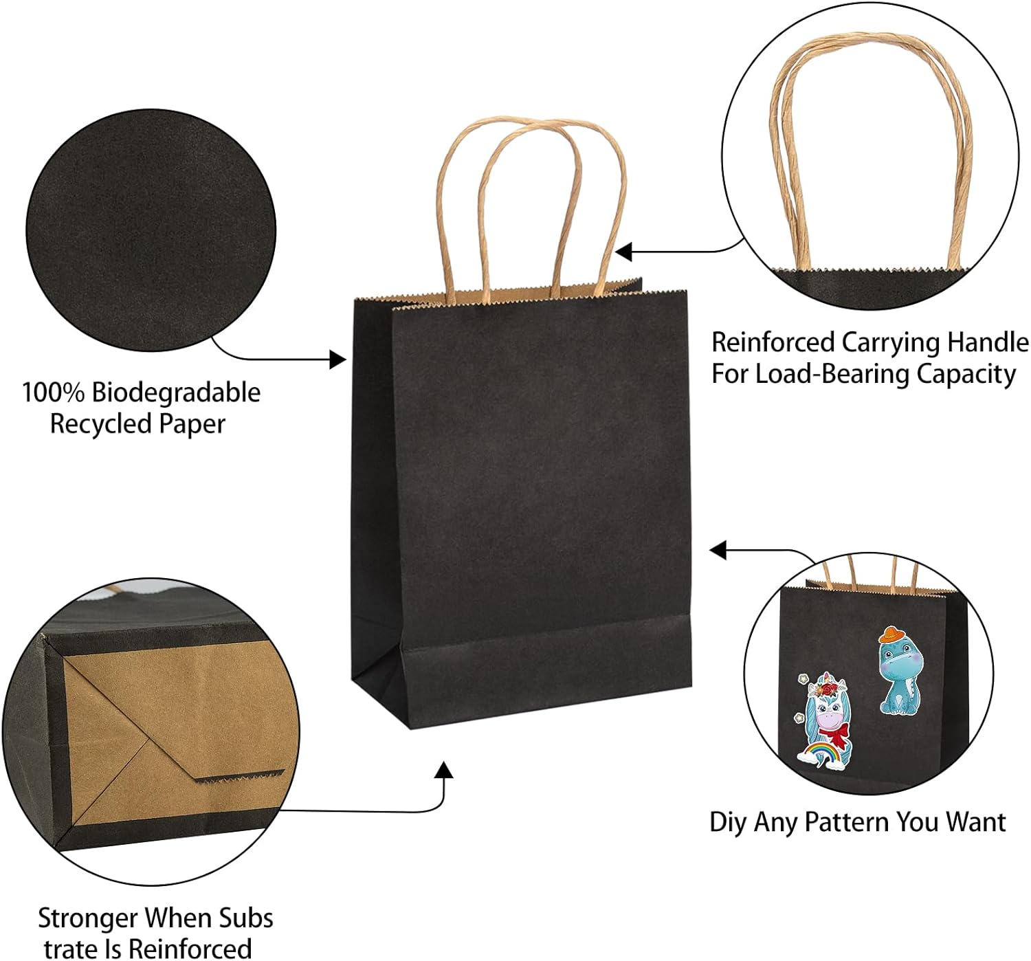 Paquete de 100 bolsas de regalo negras de 10.5 x 8.5 x 4.5 pulgadas, bolsas de papel con asas, bolsas de papel, bolsa de regalo de cumpleaños,