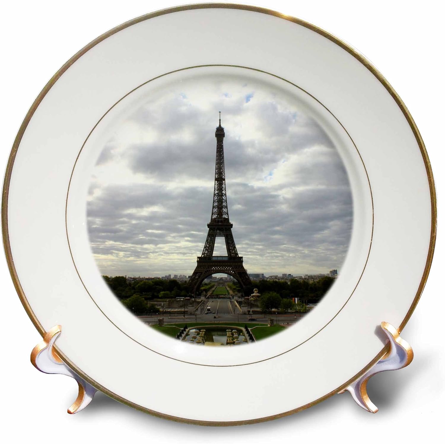 3dRose cp_38320_1 La Torre Eiffel en un día nublado en un plato único de porcelana de París, 8 pulgadas