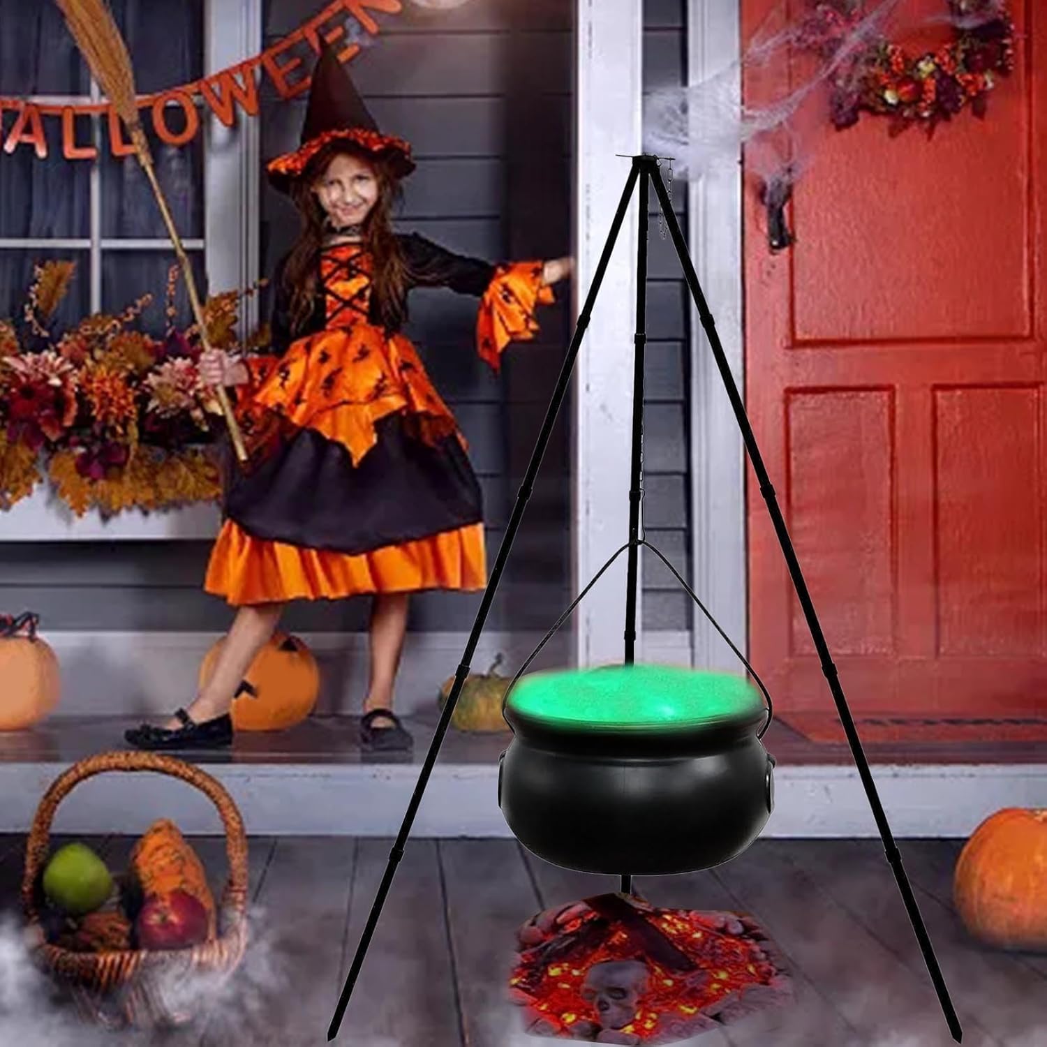 Decoraciones de Halloween para exteriores, caldero de bruja con luz, soporte de trípode, decoración de cuenco de plástico negro, decoración de cubo