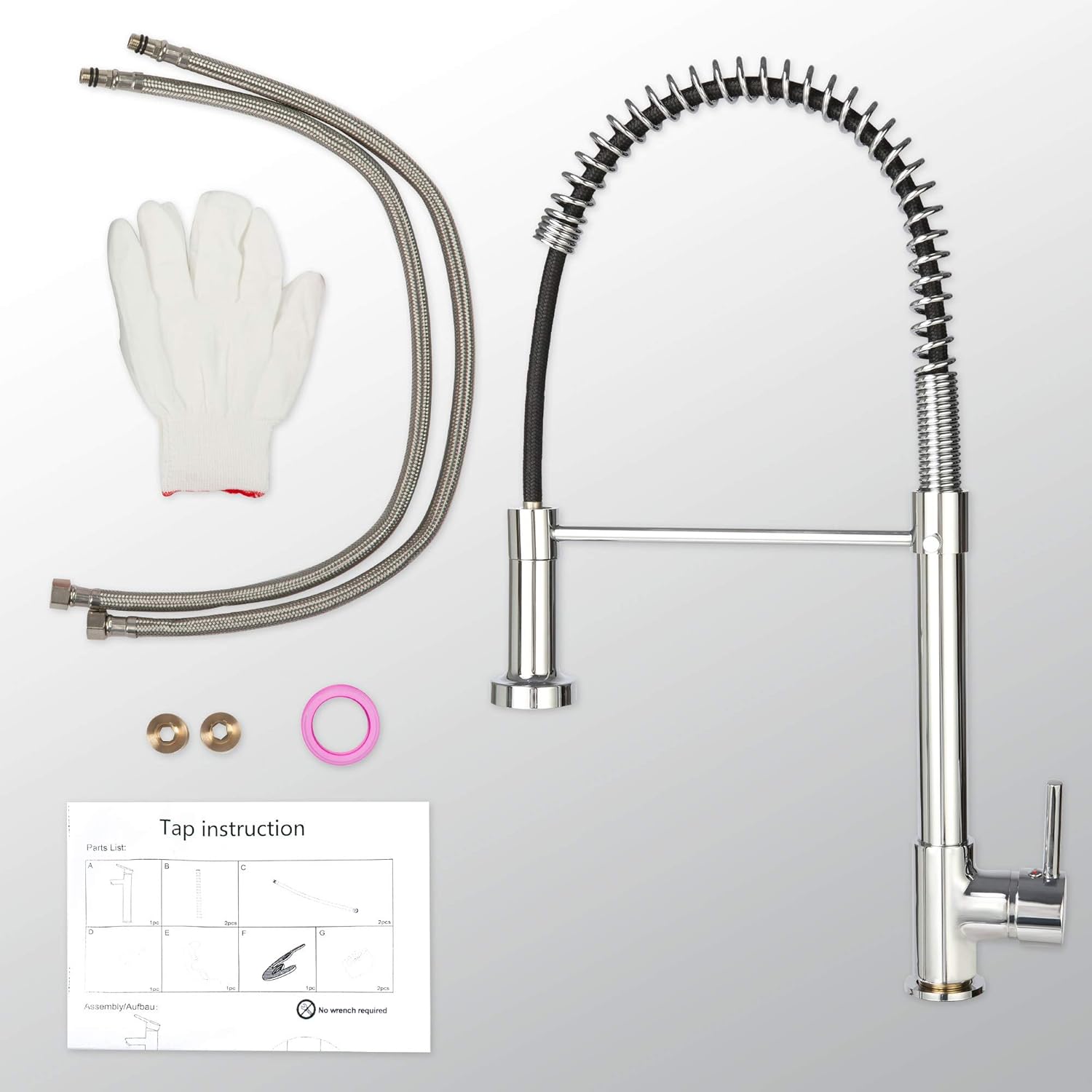 LUCKYERMORE Grifo de cocina comercial con rociador extraíble, acero inoxidable de arco alto, grifo de fregadero de resorte de un solo orificio