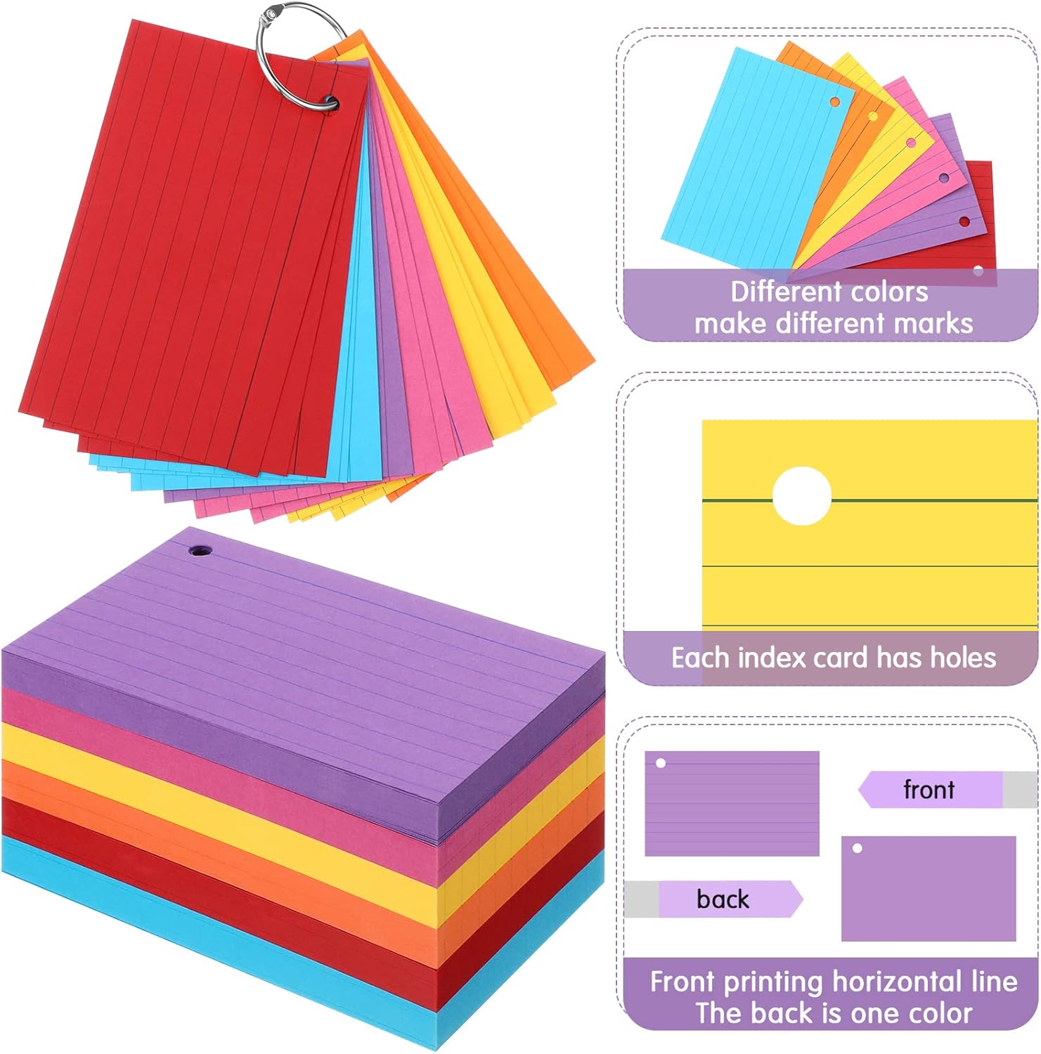 Epakh 300 tarjetas de índice de 180 GSM de grosor con anillos, tarjetas de índice perforadas, tarjetas de índice en un anillo para estudiar tarjetas
