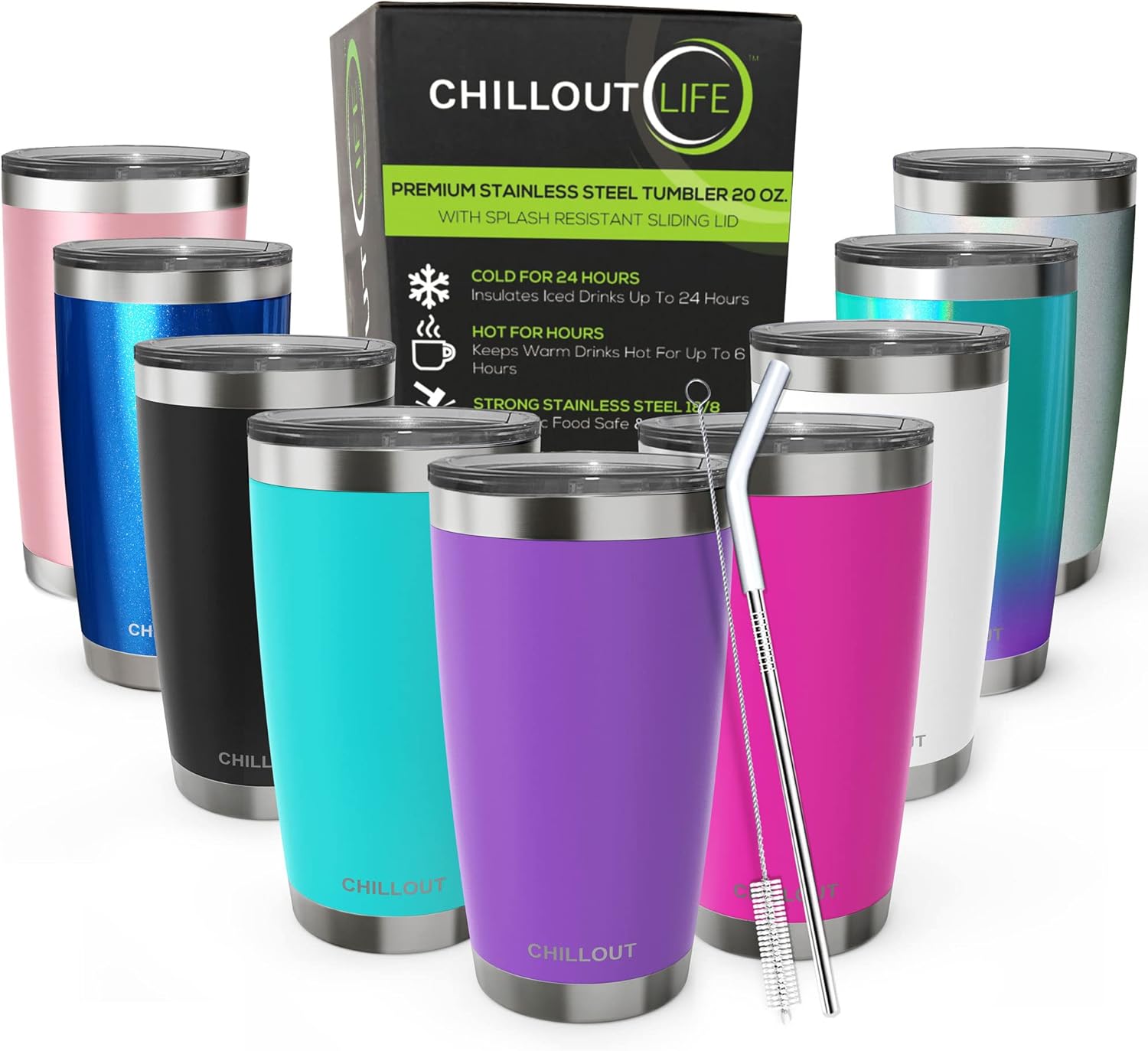 CHILLOUT LIFE Vaso de acero inoxidable de 20 onzas con tapa, taza de café aislada al vacío de doble pared con tapa a prueba de salpicaduras y popote