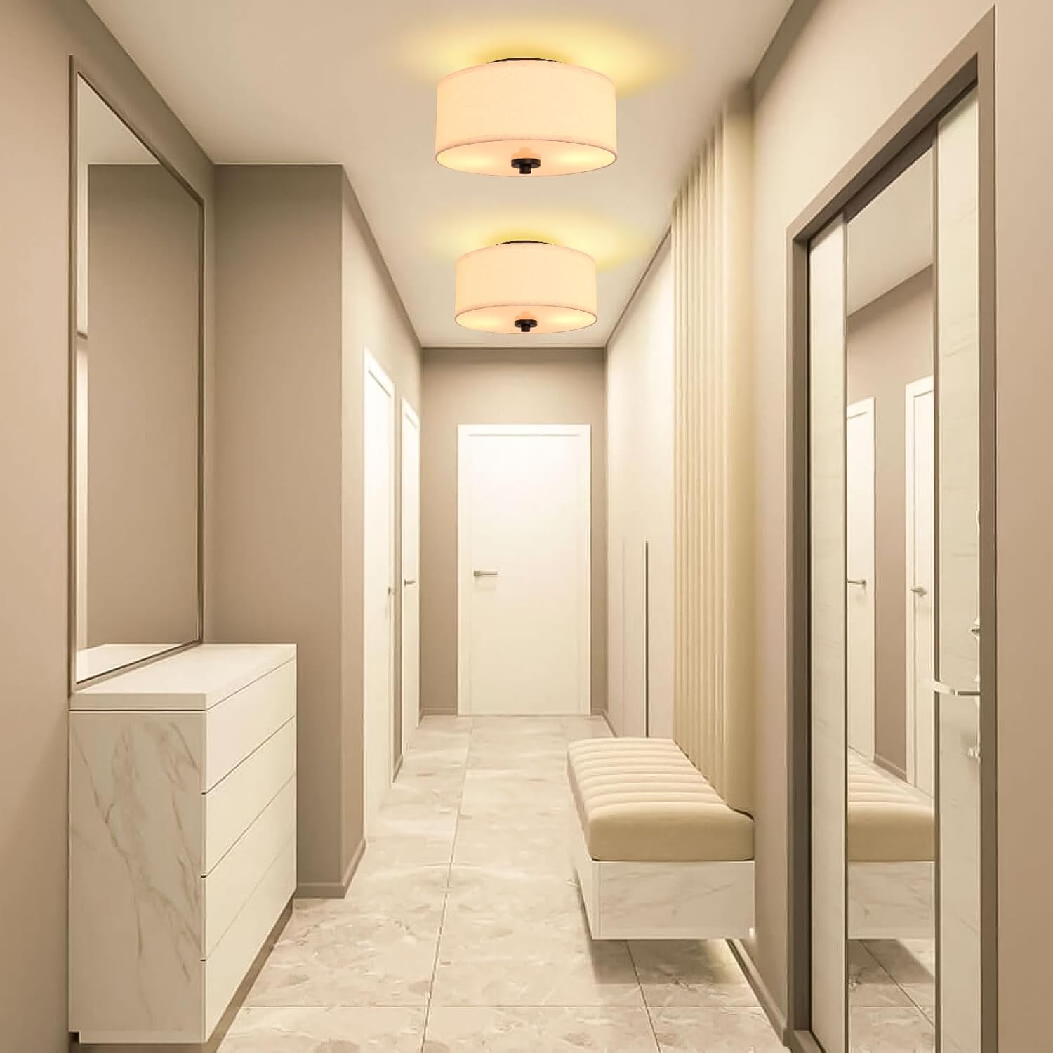Lodstob Lámpara de techo empotrada de 2 luces, moderna de 12 pulgadas con pantalla de tambor de tela beige, lámpara colgante redonda para