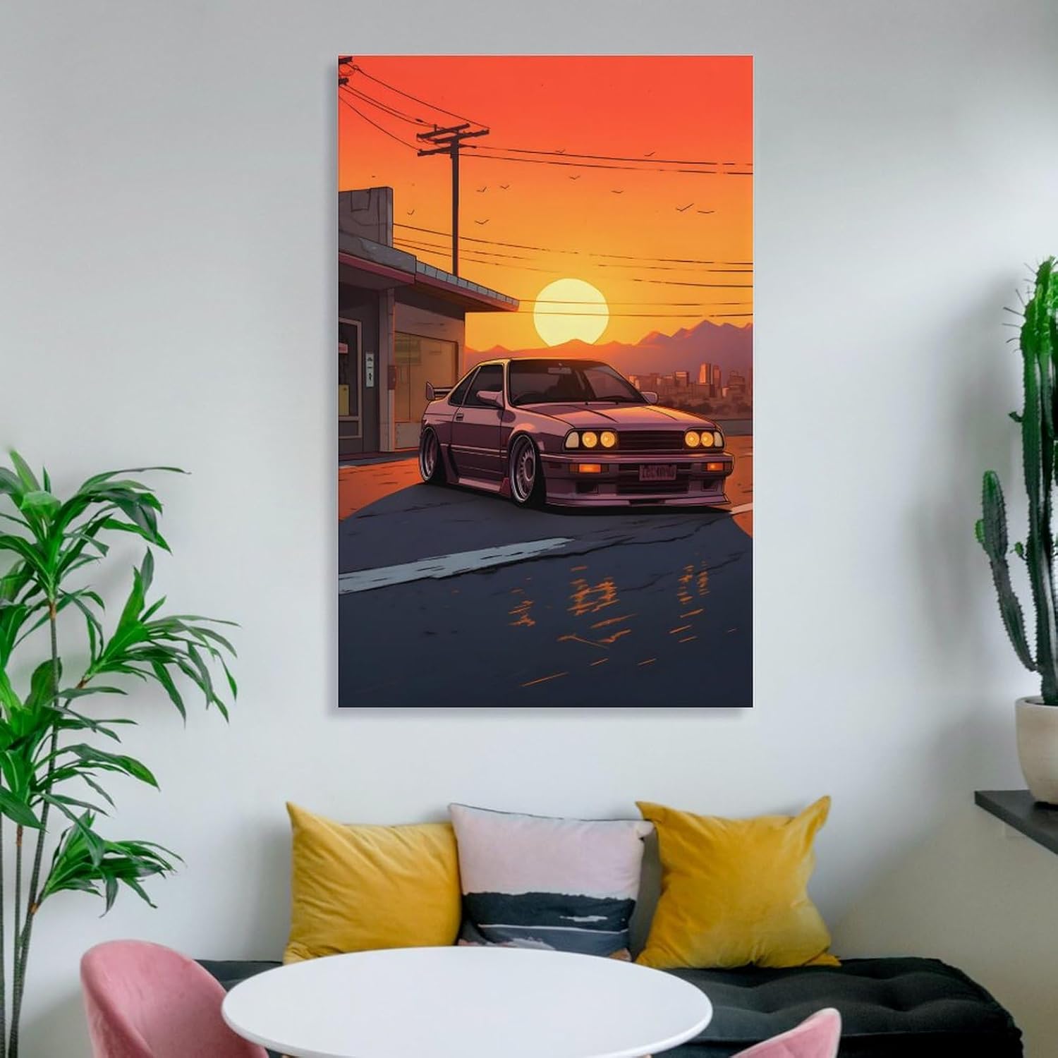 Arte de pared Puesta de sol y JDM – Póster japonés de coche deportivo para decoración de interiores, pintura de pared, póster de arte de pared,