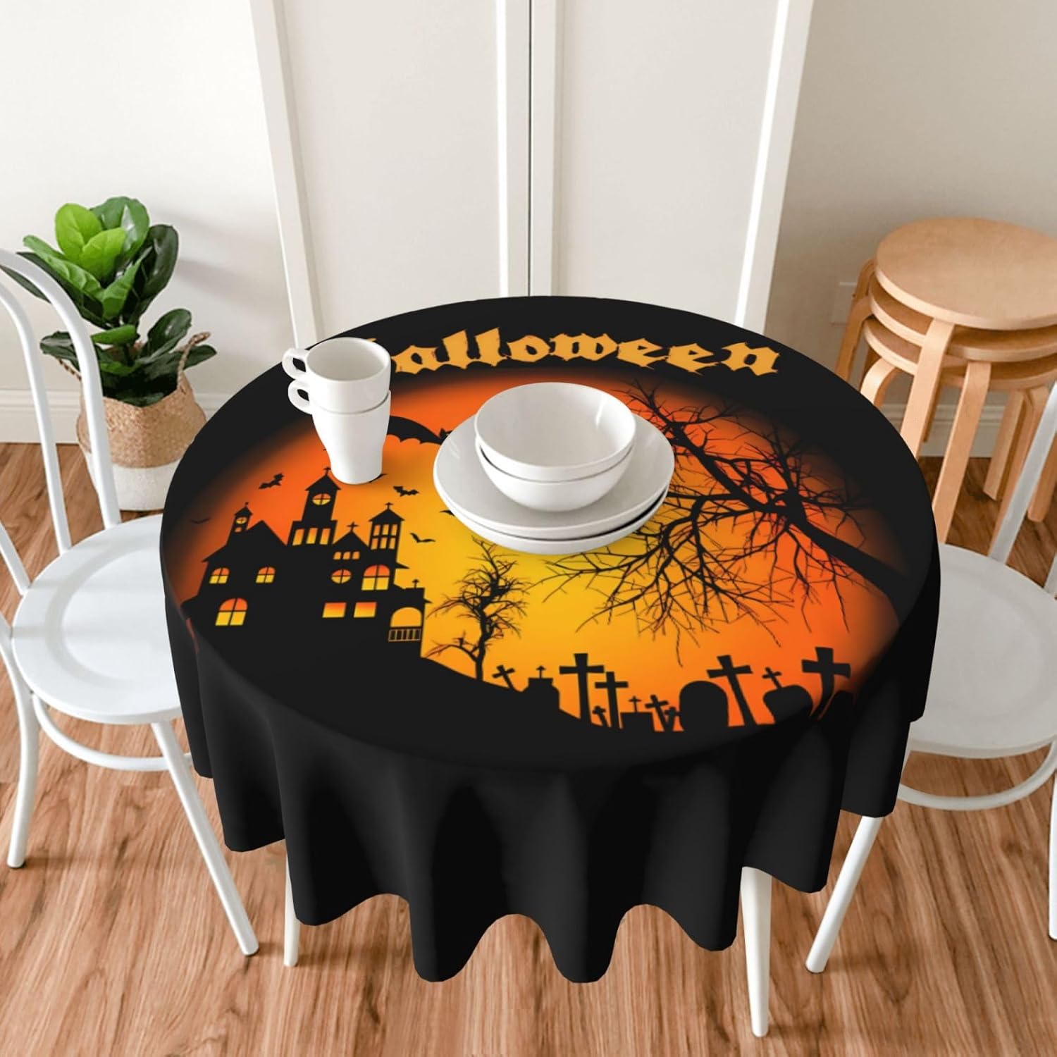Divertido mantel de Halloween, divertido mantel redondo lavable y reutilizable de 60 pulgadas para decoración de mesa de comedor de fiesta en el