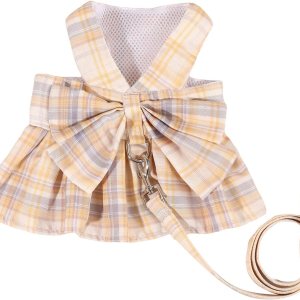 QWINEE Juego de 2 piezas de arnés y correa para perro, estampado a cuadros, decoración de lazo, vestido de princesa para cachorro, gato, vestido de QWINEE Juego de 2 piezas de arnés y correa para perro, estampado a cuadros, decoración de lazo, vestido de princesa para cachorro, gato, vestido de