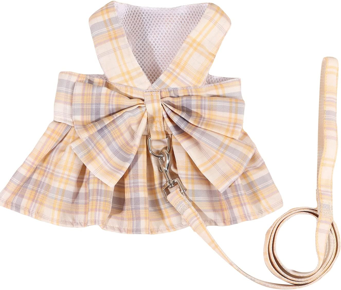 QWINEE Juego de 2 piezas de arnés y correa para perro, estampado a cuadros, decoración de lazo, vestido de princesa para cachorro, gato, vestido de