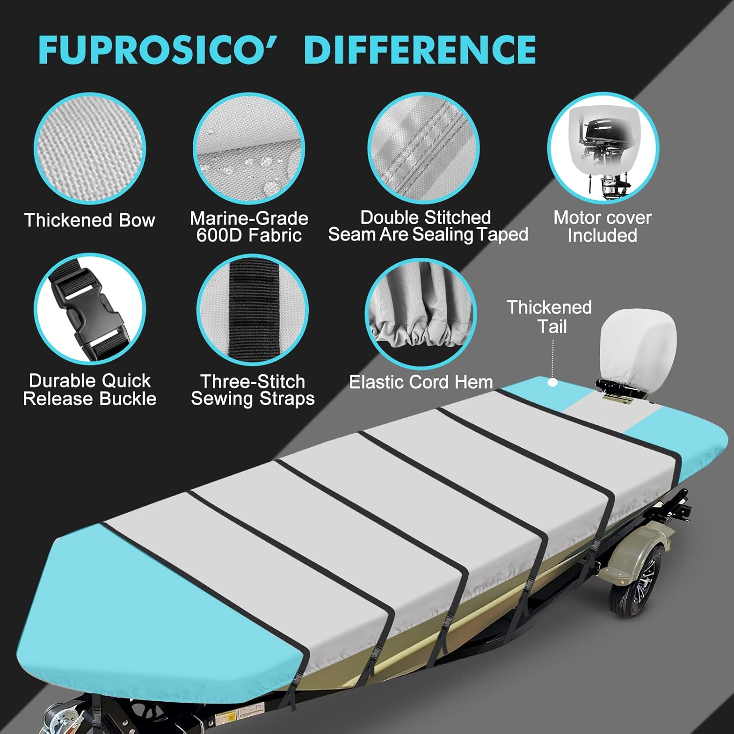 Jon – Funda para barco de 18 pies, 600D resistente al agua, remolcable con cubierta de motor, lona de grado marino, color gris