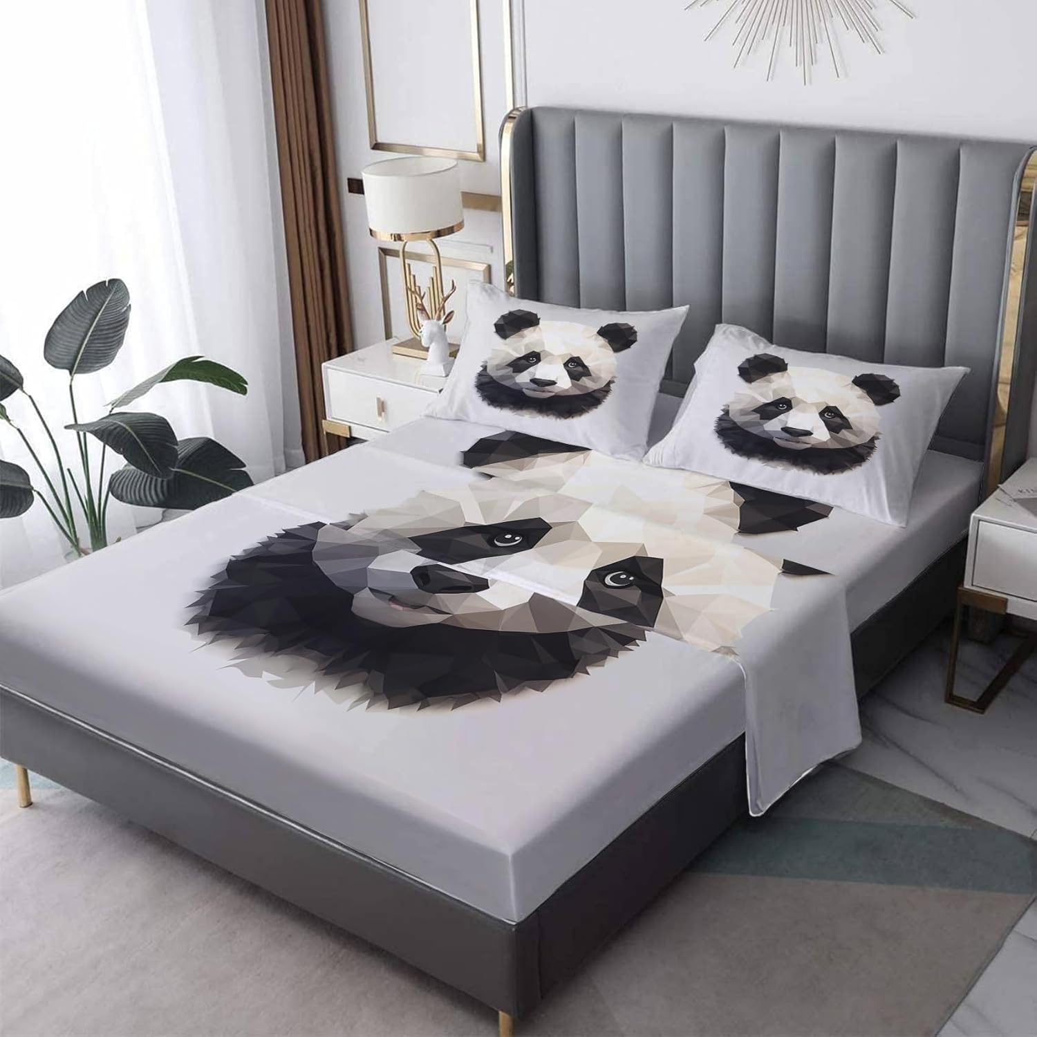 Juego de sábanas Panda tamaño Queen, sábanas de animales 3D, sábanas y fundas de almohada estampadas de 4 piezas, sábana bajera ajustable de