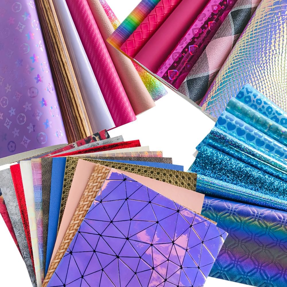 XHT Hojas de piel sintética al azar, 30 piezas de 8 x 12 pulgadas, holográfica en relieve texturizado de cuero sintético para manualidades,