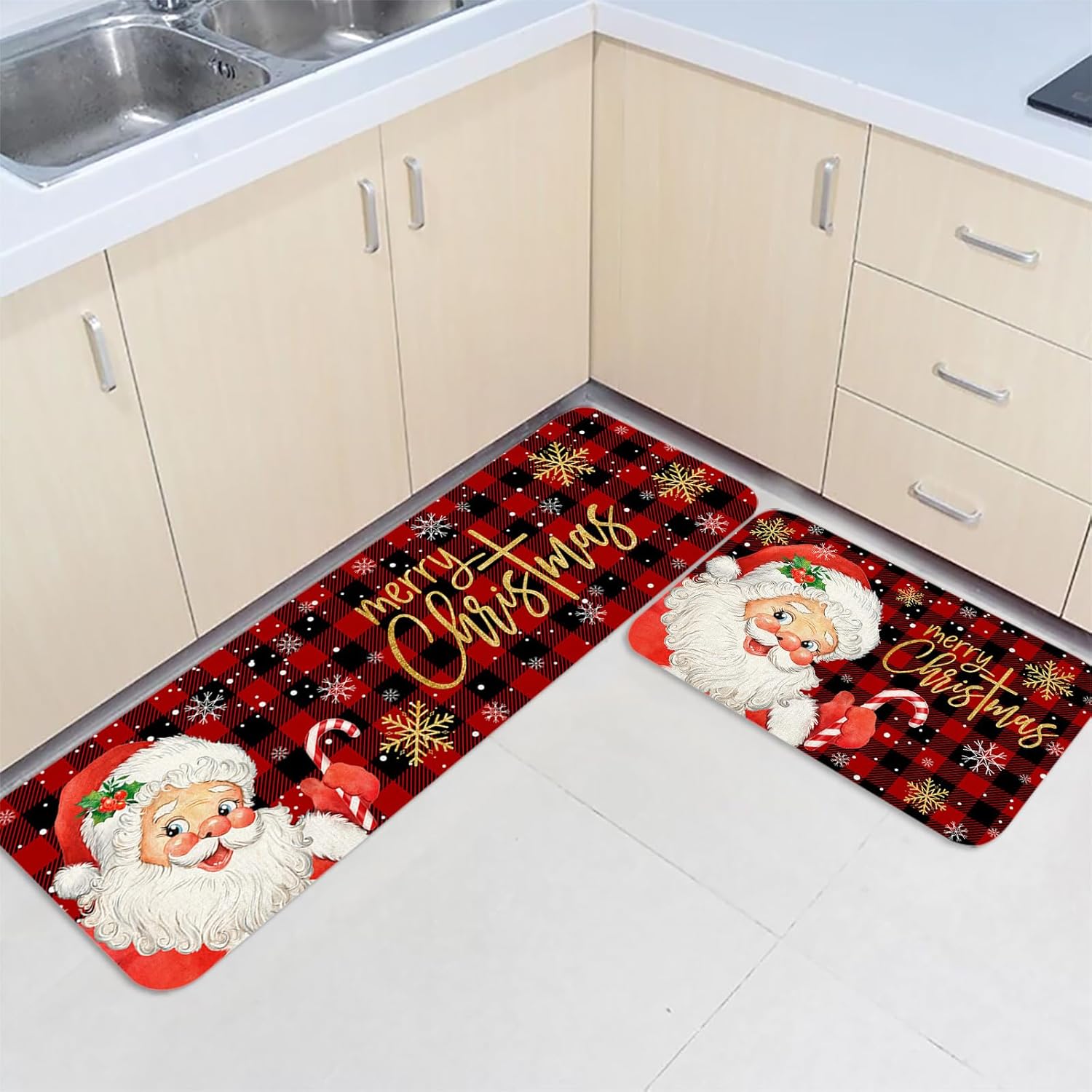 Alfombrillas de cocina de Papá Noel para piso, 2 piezas, diseño de búfalo rojo y negro, antideslizantes, juego de alfombras de cocina lavables,