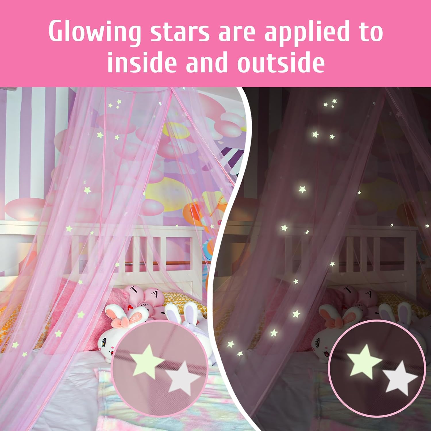 MACEVIA Toldo de cama para niñas, toldo de princesa con estrellas brillantes, toldo de decoración de guardería para cama de niños, cama de bebé,