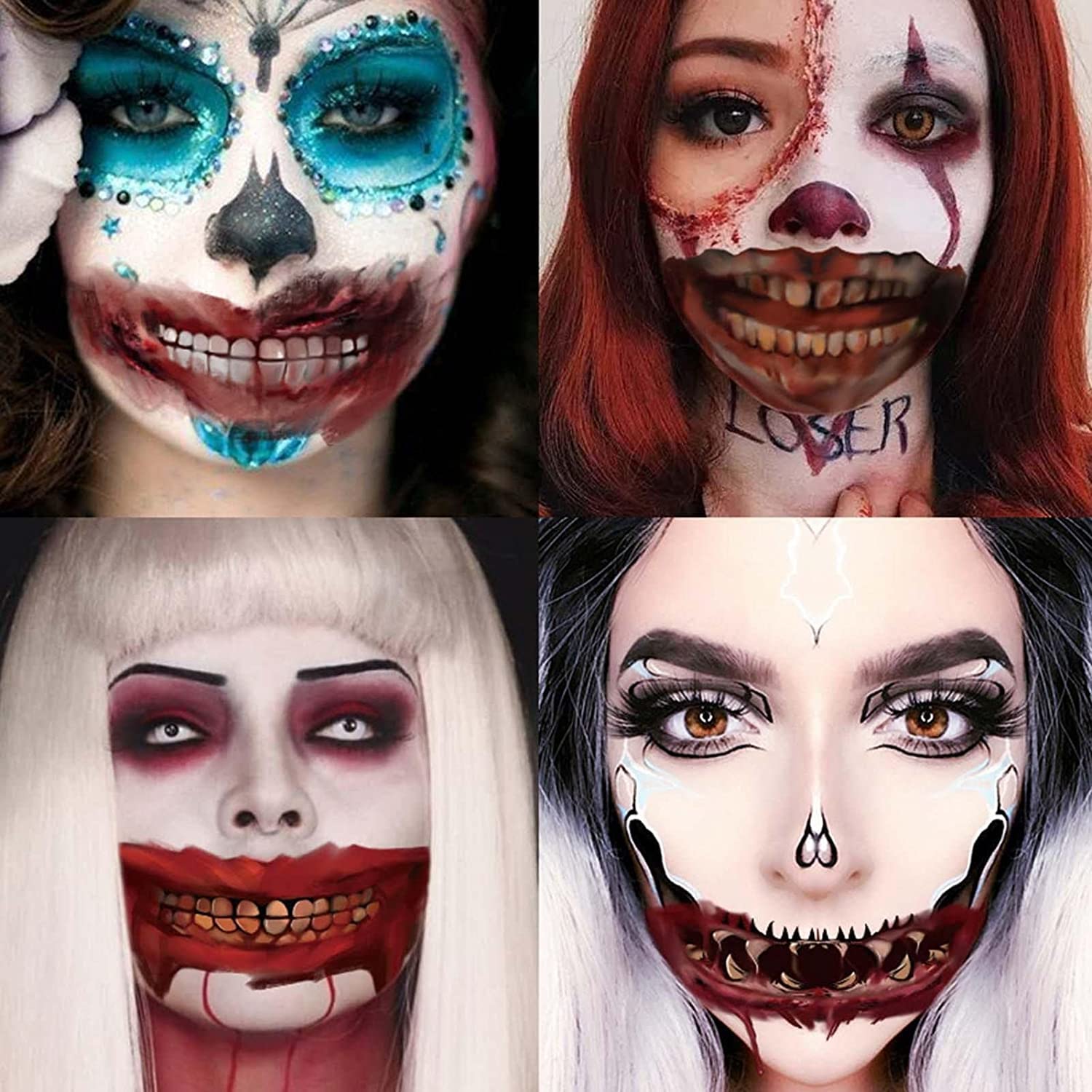 Maquillaje de broma de Halloween, tatuajes temporales de cara grande de Halloween (paquete de 12)