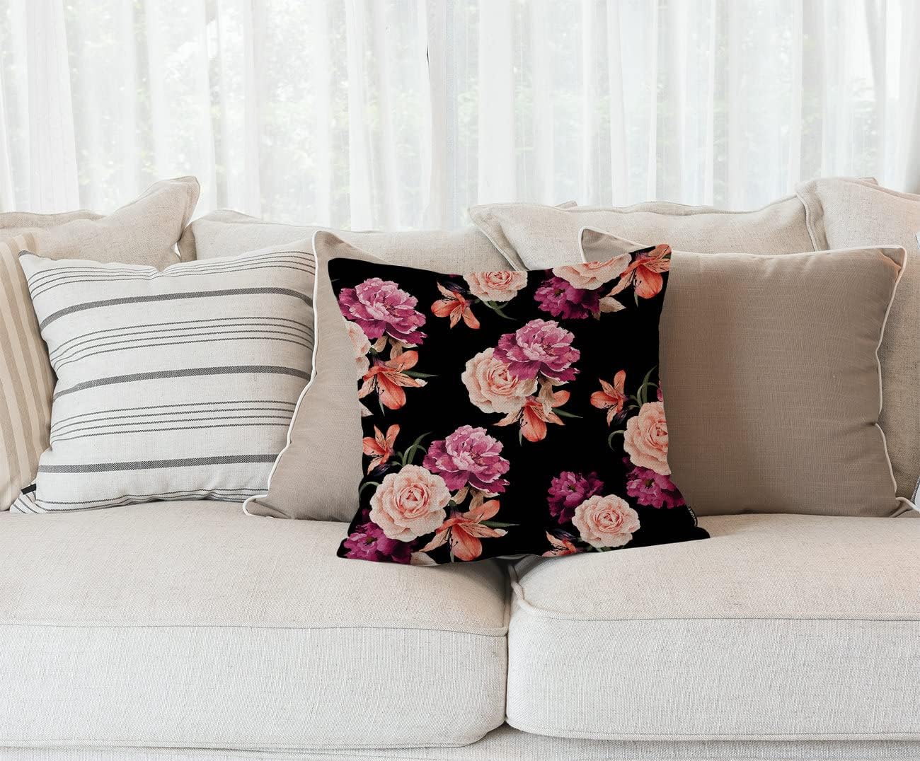 Funda de almohada floral, color negro y morado, diseño de rosas Shabby Chic para sofá y dormitorio, fundas de almohada de arpillera para hombres,
