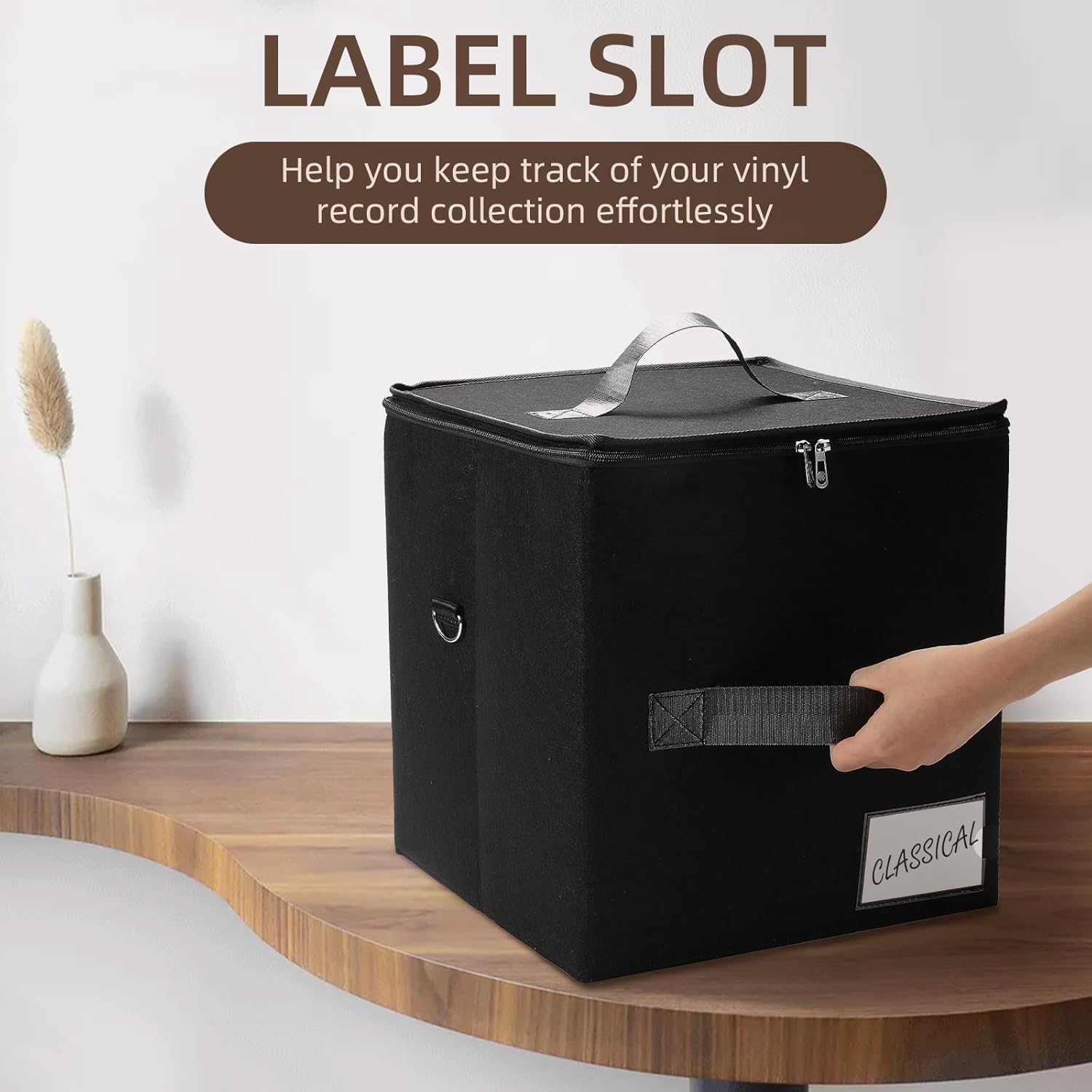 Rasugarlary Caja de almacenamiento de discos de vinilo con capacidad para más de 50 discos con tapa para proteger álbumes, organizador de