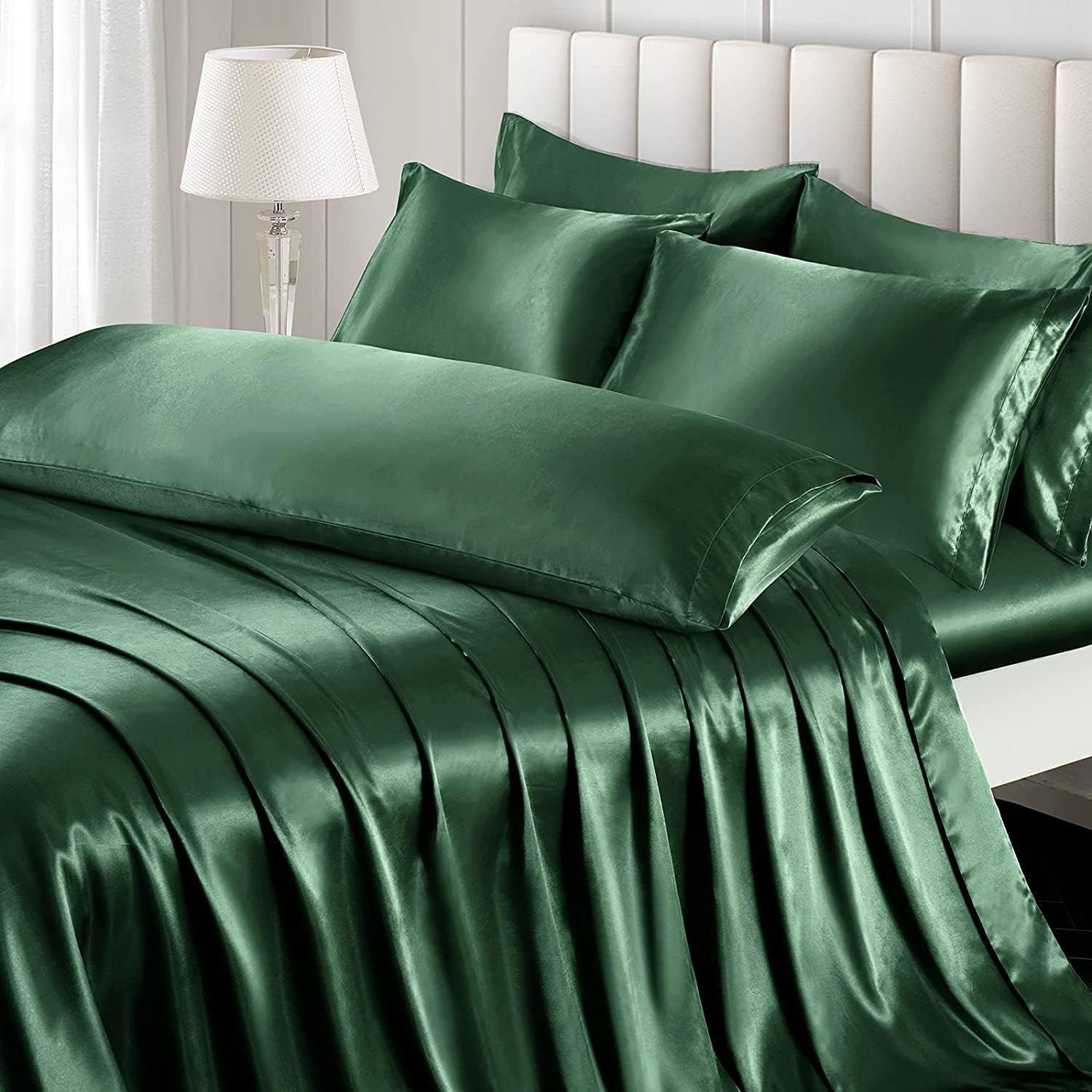 RMS BEDDING Juego de sábanas de satén de seda de 7 piezas, tamaño Queen, color verde esmeralda con 1 sábana bajera de bolsillo profundo de hasta 15