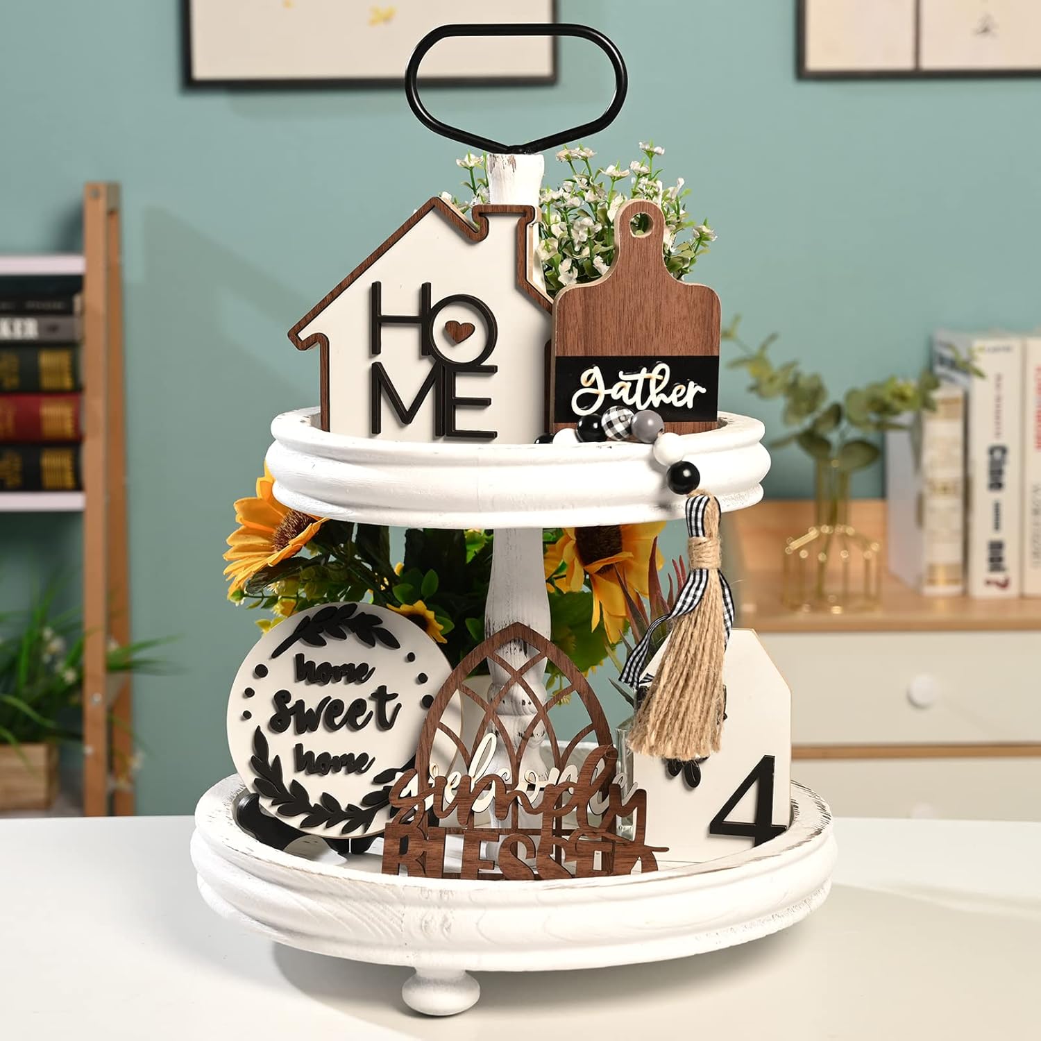 8 Pieces Farmhouse Tiered Tray Decor Set – Wooden Rustic Home Tier Tray Decorative Item for Sweet Home & Kitchen Table Party Decor