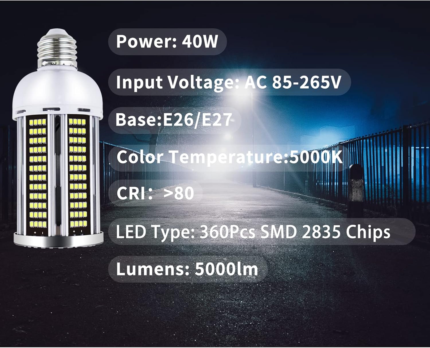 Intpro Bombilla LED de 40 W, paquete de 2 bombillas LED de maíz, súper brillante, luces LED de garaje para sótano, granero, taller, almacén,