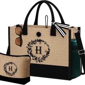 Regalos de cumpleaños para mujer  Bolsas de mano con inicial de yute y maquillaje con correa ajustable, bolsas de mano con monograma bordado Regalos de cumpleaños para mujer  Bolsas de mano con inicial de yute y maquillaje con correa ajustable, bolsas de mano con monograma bordado