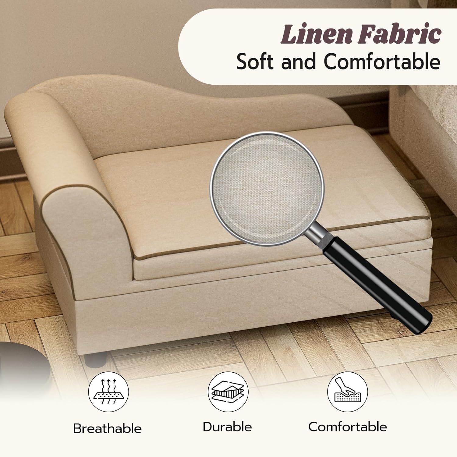Sofá para mascotas, cómodo sofá de tela de lino para perros con caja de almacenamiento extraíble y lavable, sofá cama para perros pequeños y