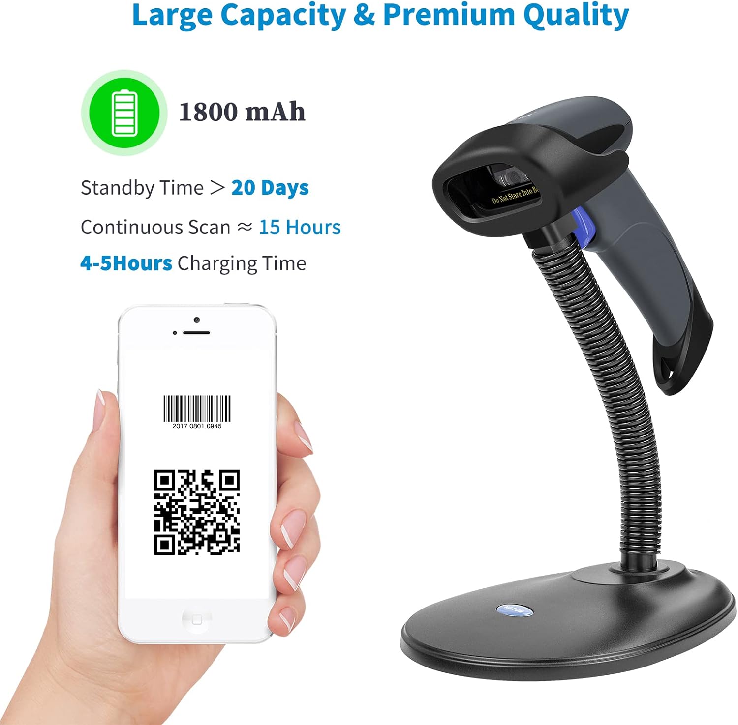 NETUM Escáner inalámbrico de código de barras QR 2D Bluetooth con soporte, lector automático de imágenes de código de barras 3 en 1, pistola escáner