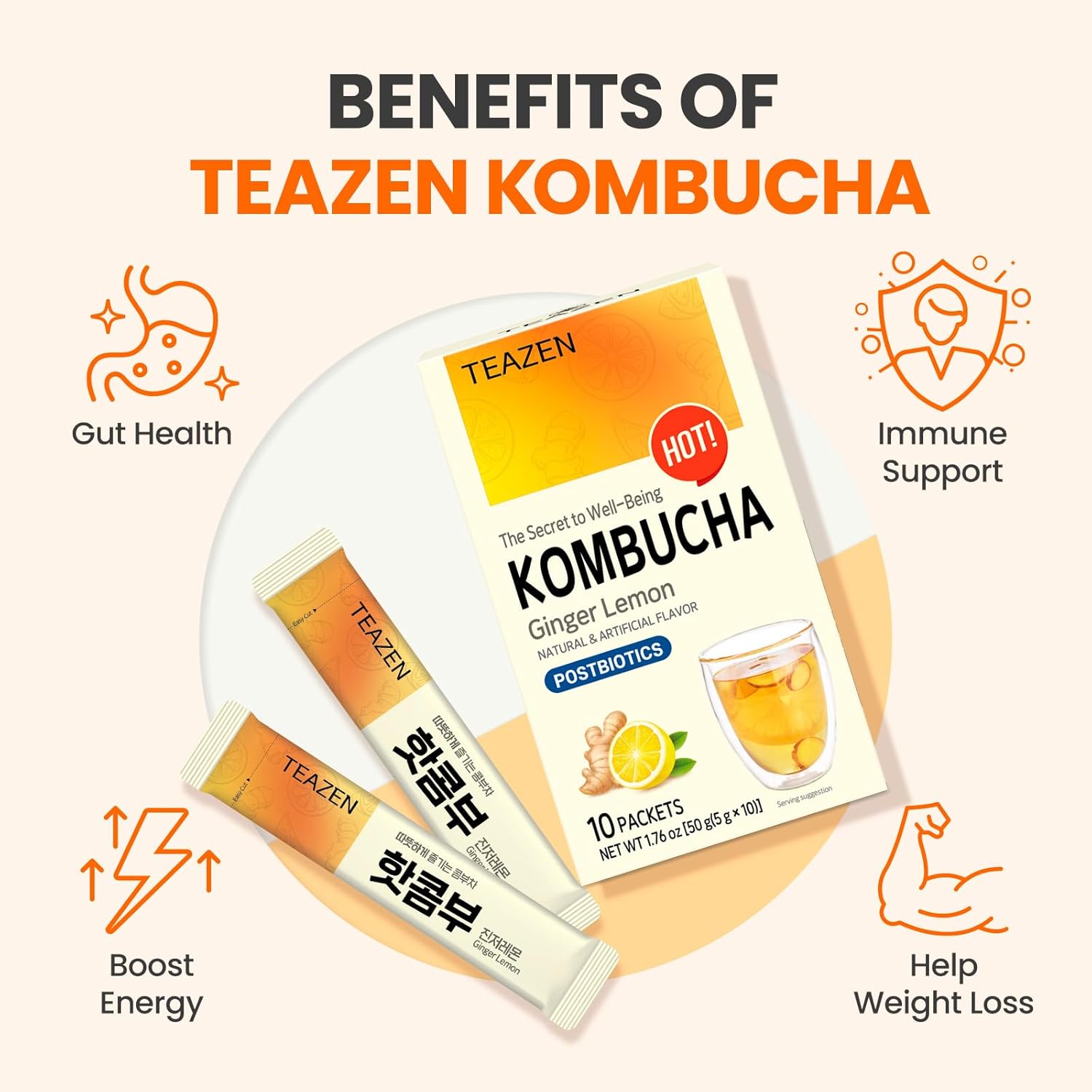 TEAZEN Hot Kombucha – Paquete variado de sabor a jengibre y limón con botella ecológica clásica (polvo de kombucha, 40 varillas, botella ecológica