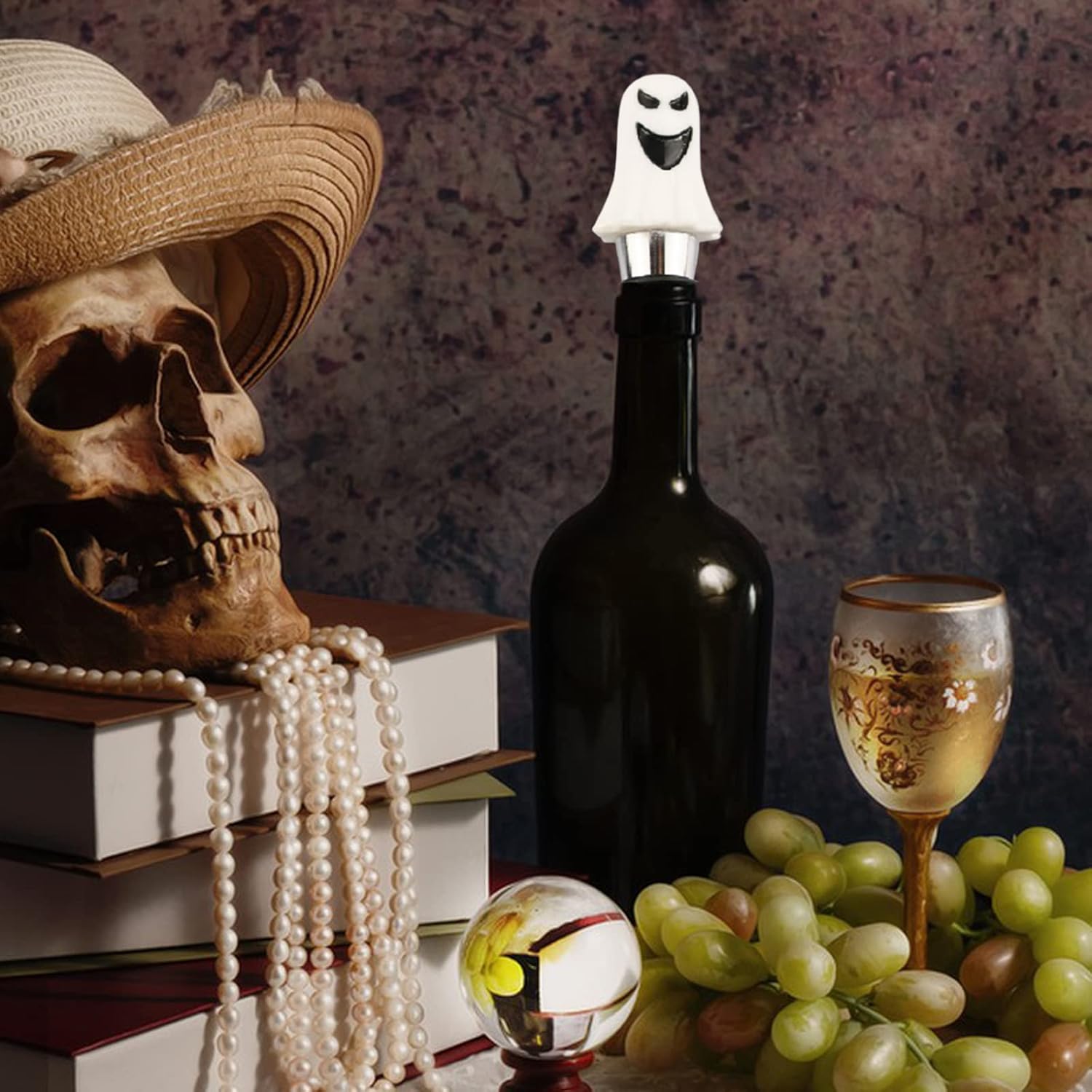 4 tapones para botella de vino de Halloween, tapón de vino de calavera, sombrero de bruja para botellas de bebidas, sombrero de calavera