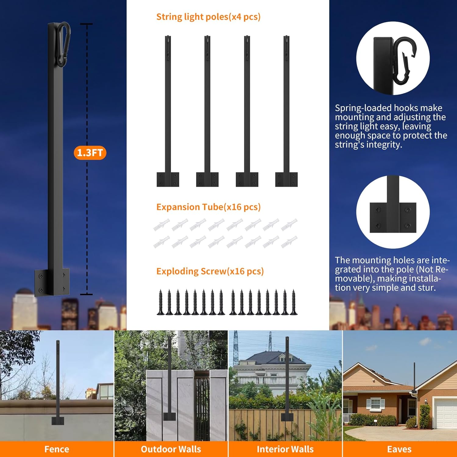 Paquete de 4 postes de luces colgantes para exteriores, cadena de luces de suspensión de metal de 1.3 pies, uso para Navidad, boda, fiestas en