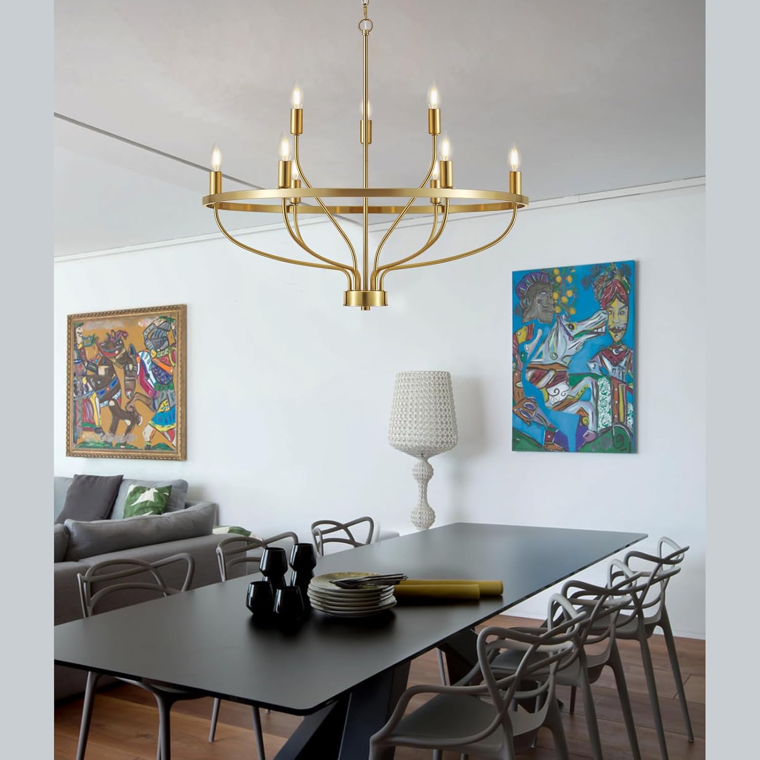 Moderno candelabro dorado de 9 luces, estilo vintage, de mediados de siglo, 30 pulgadas, estilo vela, moderno, rústico, para comedor, isla de