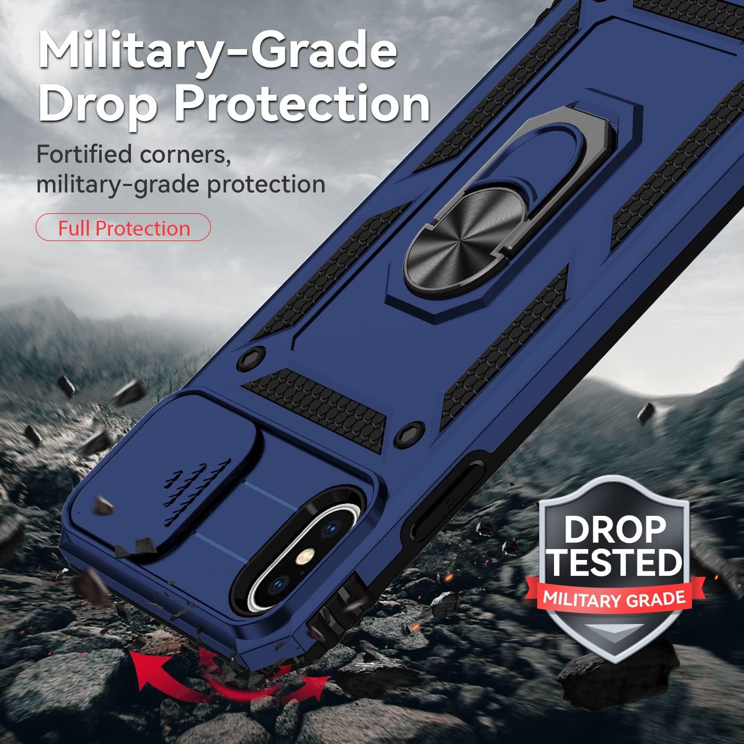Funda para iPhone X, iPhone Xs, con protector de pantalla deslizante para cámara HD, protección de cámara soporte giratorio magnético funda