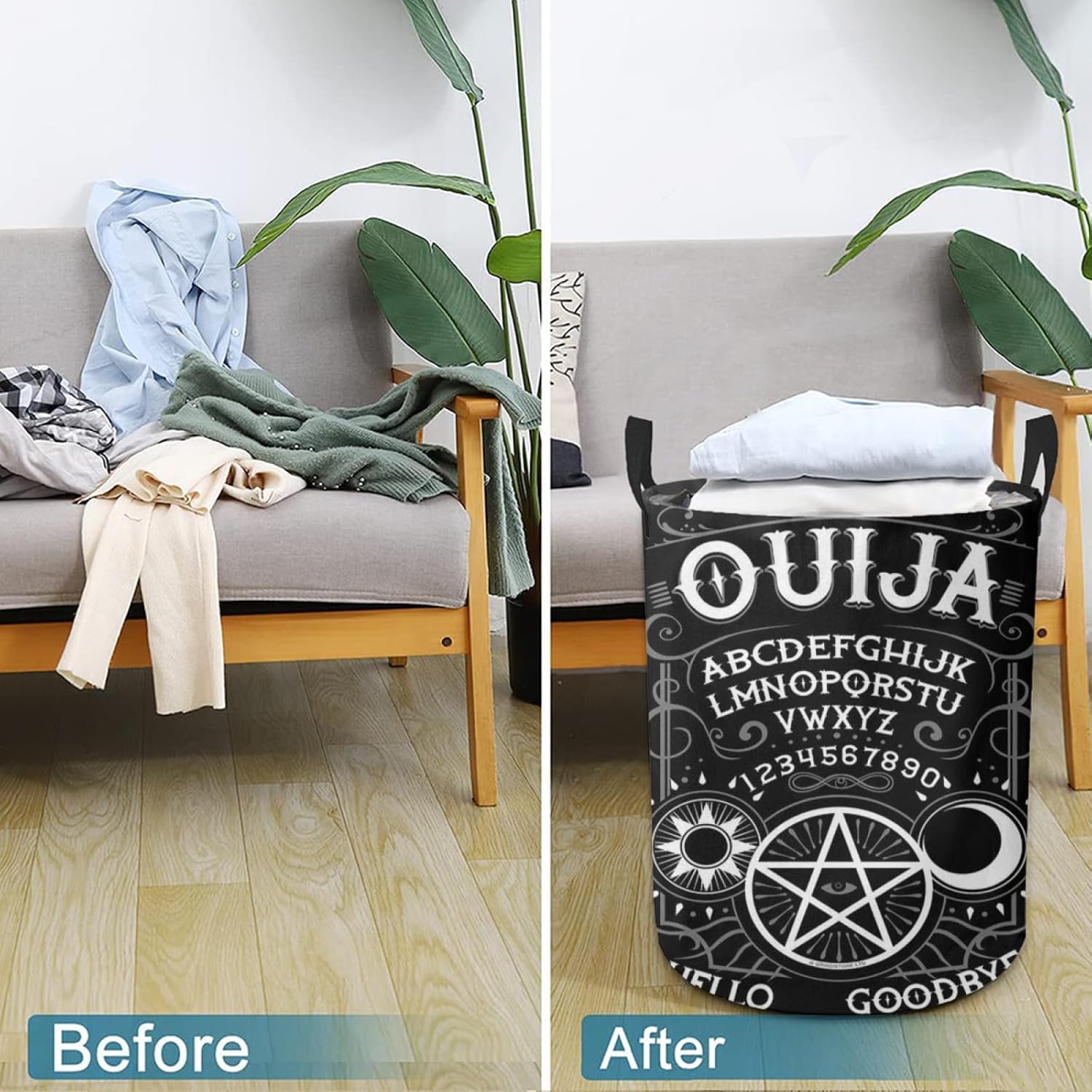 Cesta de lavandería con letreros de hojalata Ouija Spirit Board Ouija, cesta de almacenamiento plegable para baño, habitación, decoración del hogar