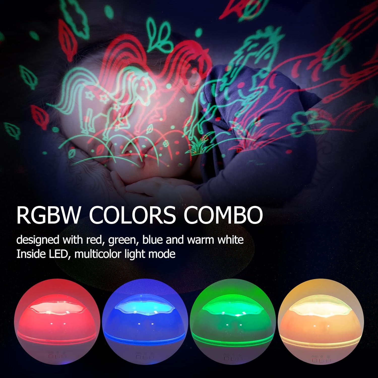 Bonito proyector de caballos con temporizador de 10 horas, luz nocturna LED RGBW, rotación de 360, funciona con USBbatería, regalos para dormitorio,