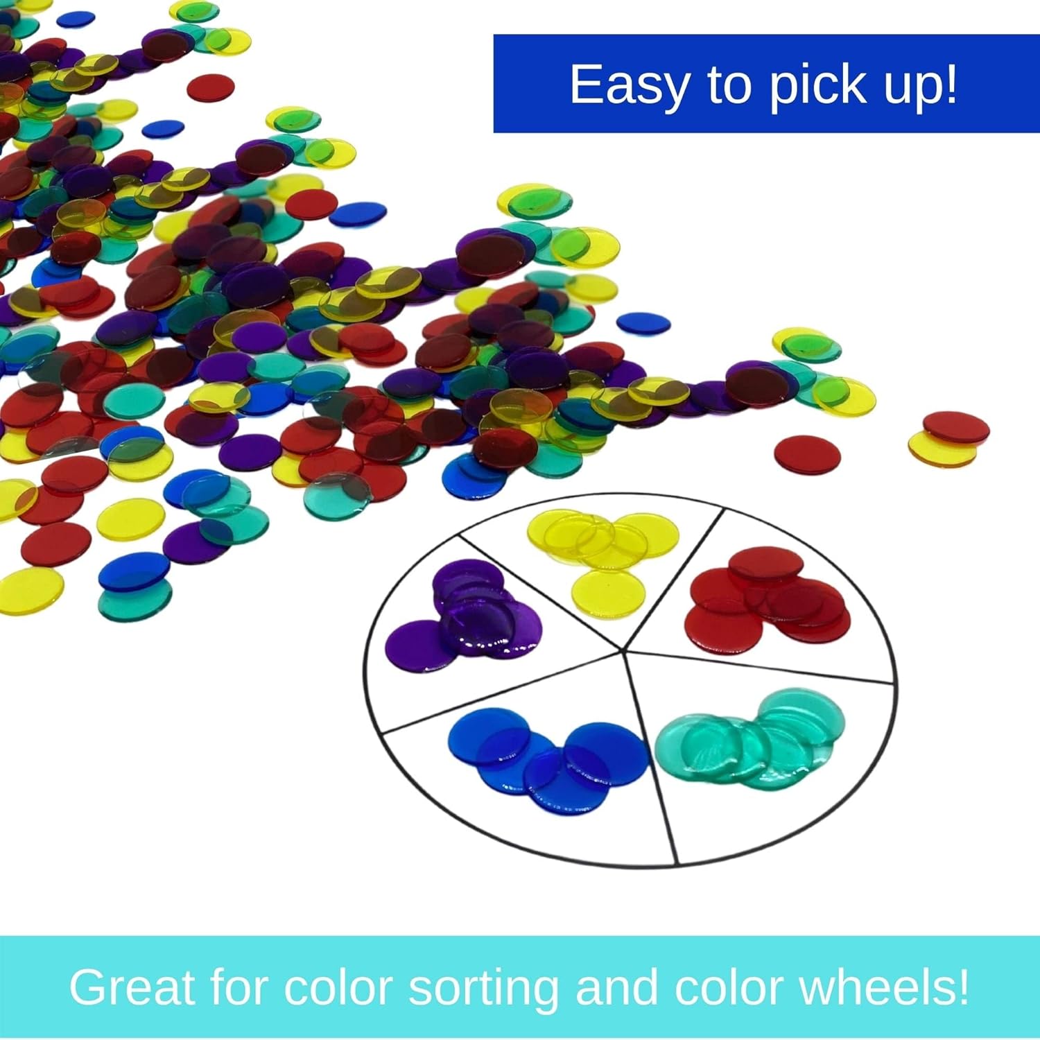 MR CHIPS Fichas de bingo de plástico para juegos de bingo, bolsa de 250 unidades, chips de conteo de colores sólidos y transparentes, azul