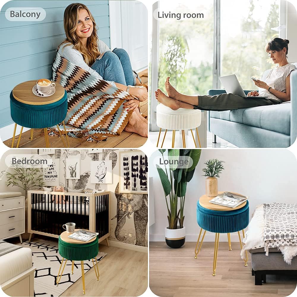Taburete estilo otomano de terciopelo para almacenamiento, tapizado plisado, con patas de metal ideal para utilizarlo como mesa de café, taburete