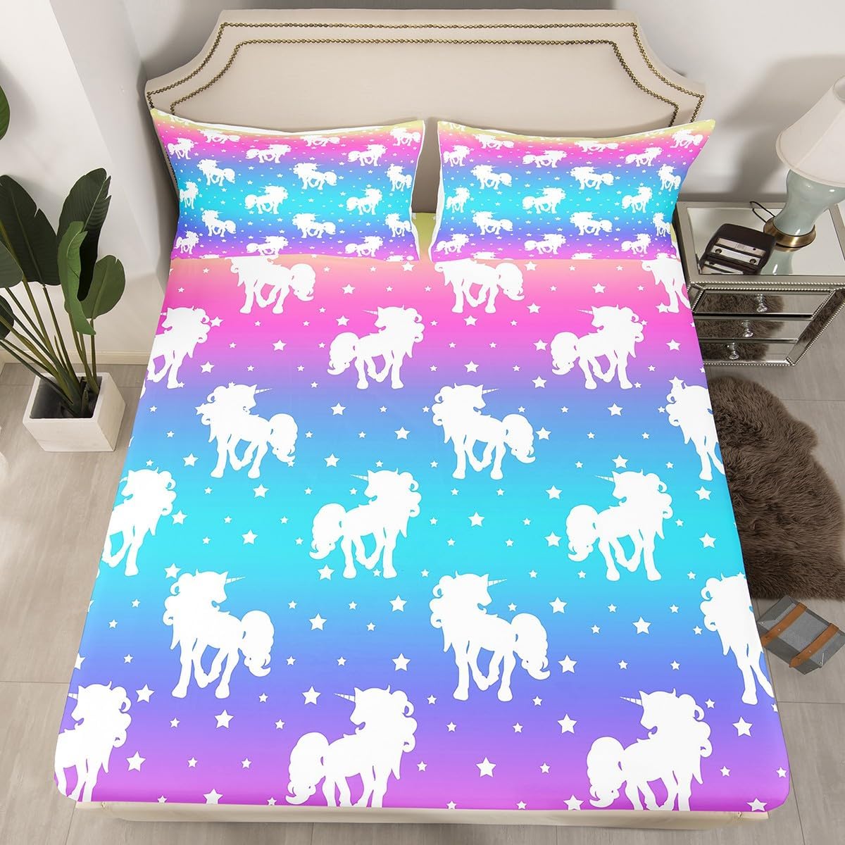 Erosebridal Juego de ropa de cama de unicornio y estrellas, tamaño Queen, teñido anudado, pastel, sábana bajera ajustable con estampado de arco