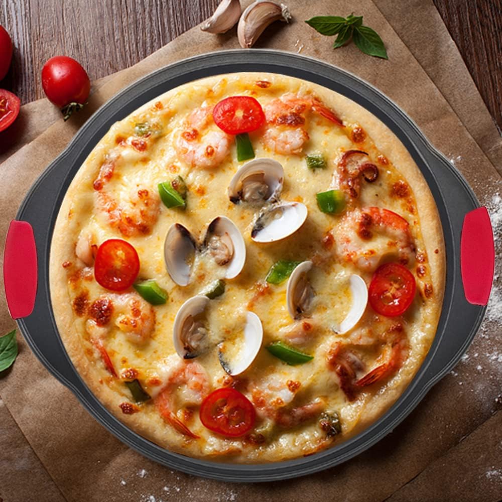 VDGPWA Bandeja de pizza antiadherente de 12 pulgadas, con mango de silicona, acero al carbono sin agujero y con agujero, bandeja para pizza, bandeja